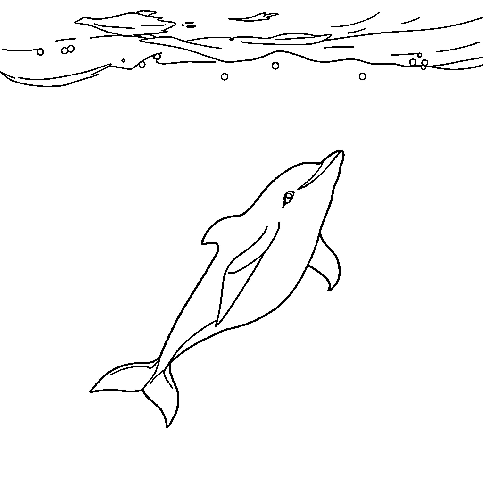 Dolphin swimming playfully in the ocean Coloring Page (free black-and-white line drawing printable PDF for all, from beginners to advanced learners, including children, teens, adults, and seniors)