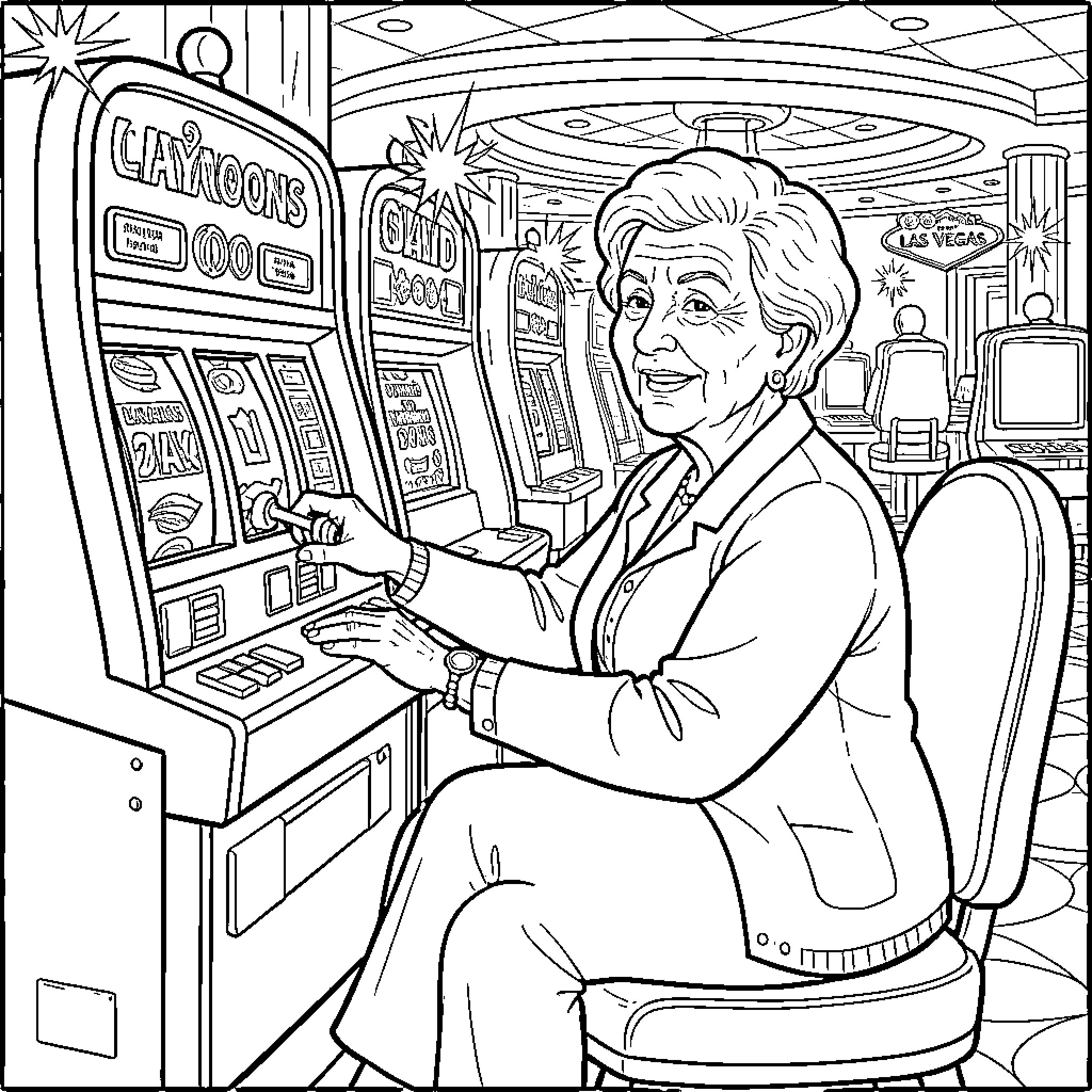 Grandma playing a slot machine at a casino Coloring Page (free black-and-white line drawing printable PDF for all, from beginners to advanced learners, including children, teens, adults, and seniors)