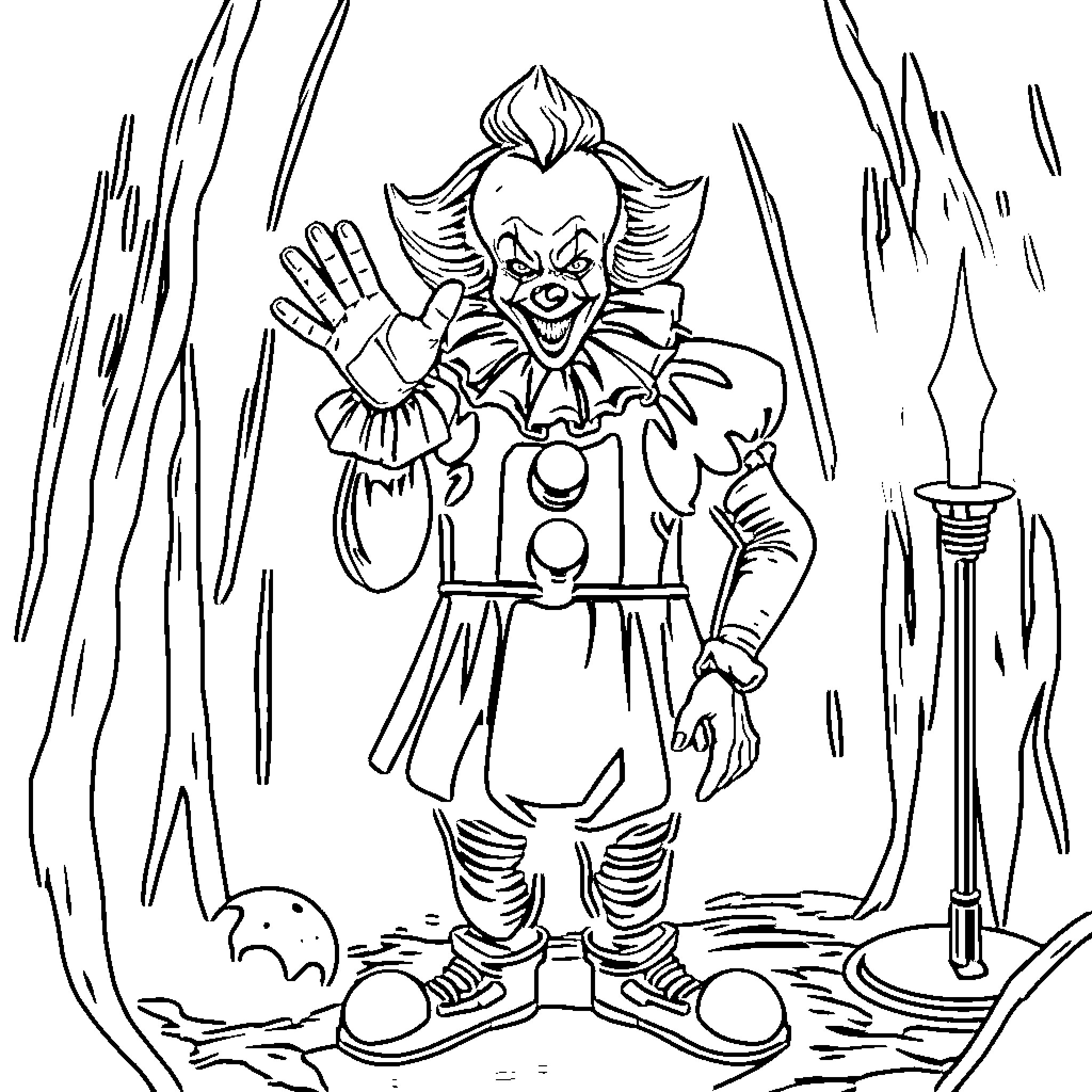 Pennywise the Clown's Haunting Presence Coloring Page (free black-and-white line drawing printable PDF for all, from beginners to advanced learners, including children, teens, adults, and seniors)