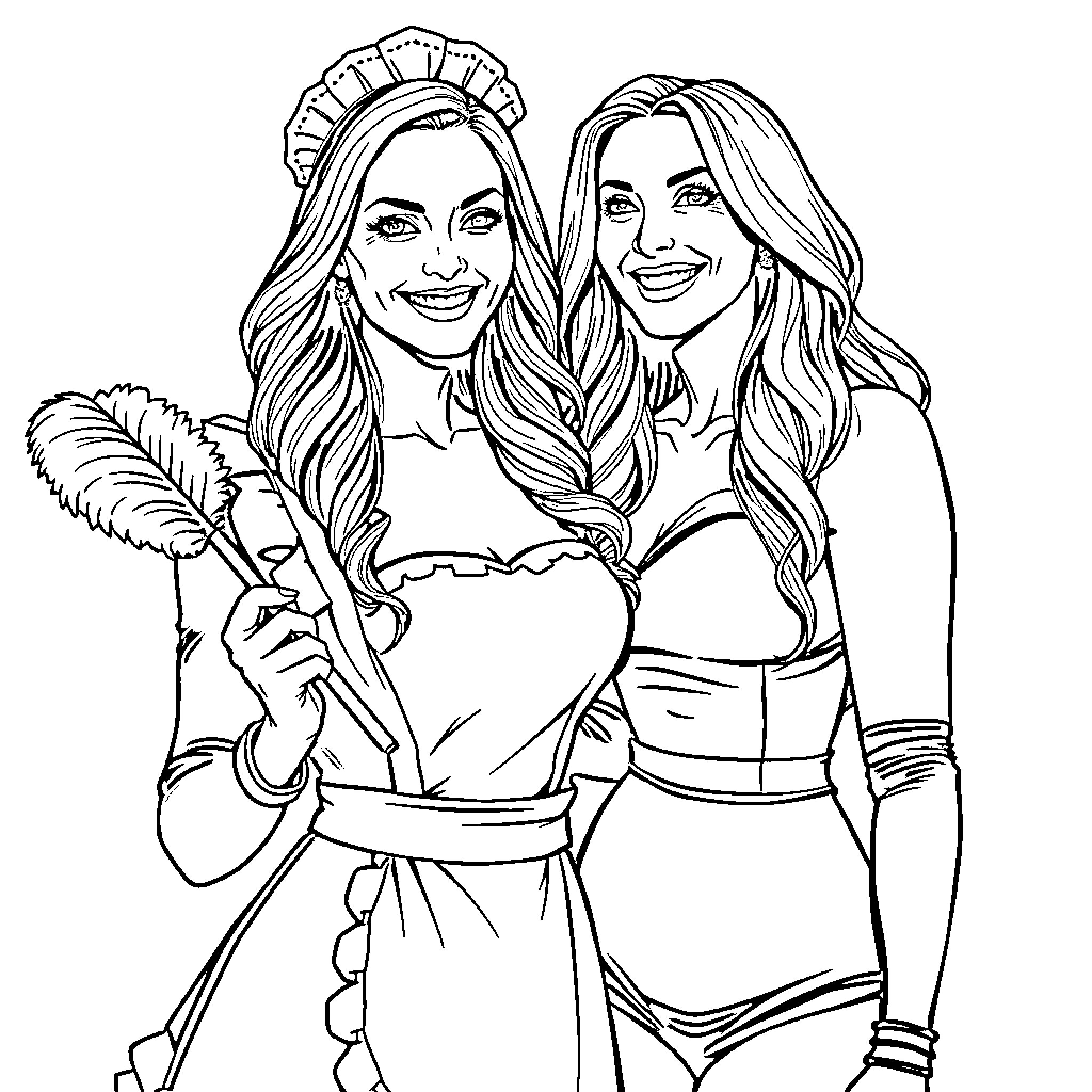 Stacy Keibler and friend posing playfully Coloring Page (free black-and-white line drawing printable PDF for all, from beginners to advanced learners, including children, teens, adults, and seniors)