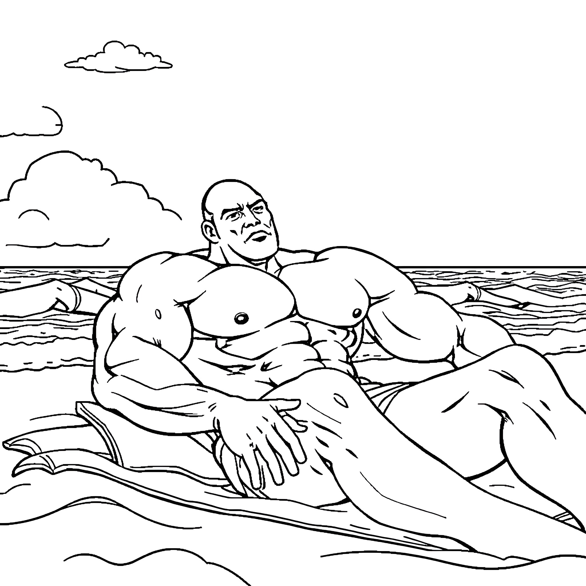 Bodybuilder resting on the beach Coloring Page (free black-and-white line drawing printable PDF for all, from beginners to advanced learners, including children, teens, adults, and seniors)
