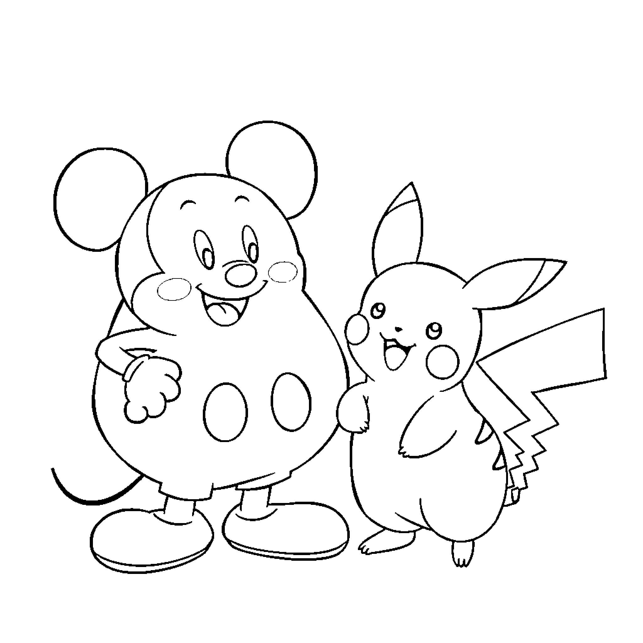 Barbapapa and Pikachu playing together Coloring Page (free black-and-white line drawing printable PDF for all, from beginners to advanced learners, including children, teens, adults, and seniors)