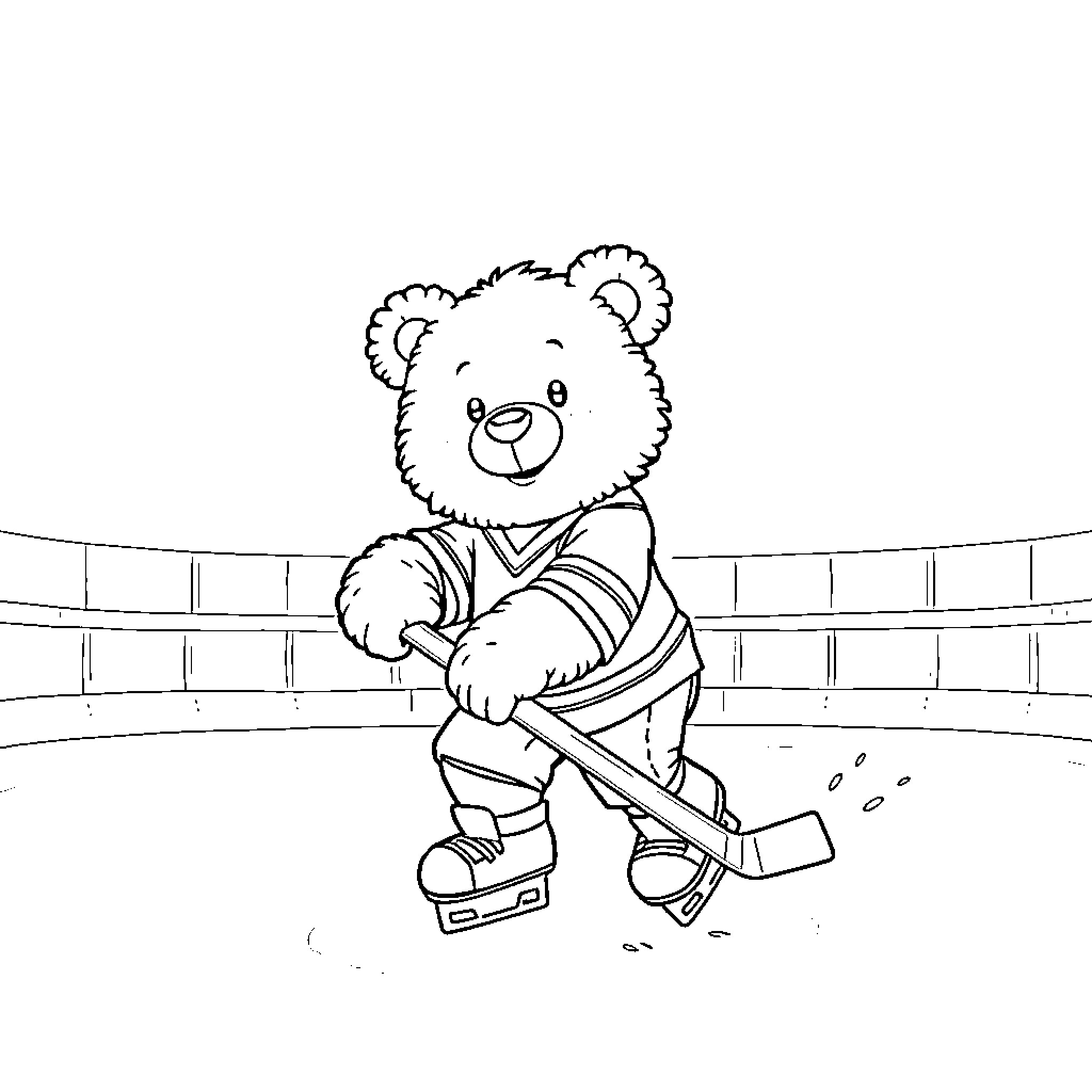 Teddy Bear playing hockey on ice rink Coloring Page (free black-and-white line drawing printable PDF for all, from beginners to advanced learners, including children, teens, adults, and seniors)