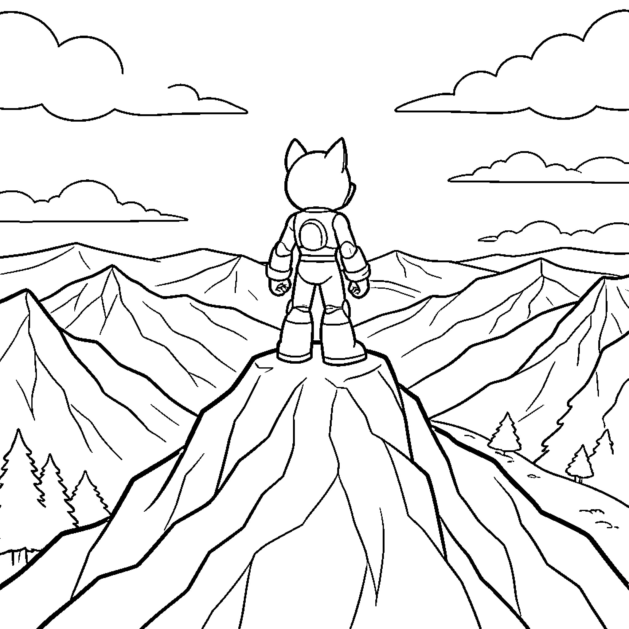 Sonic character standing atop a mountain peak Coloring Page (free black-and-white line drawing printable PDF for all, from beginners to advanced learners, including children, teens, adults, and seniors)