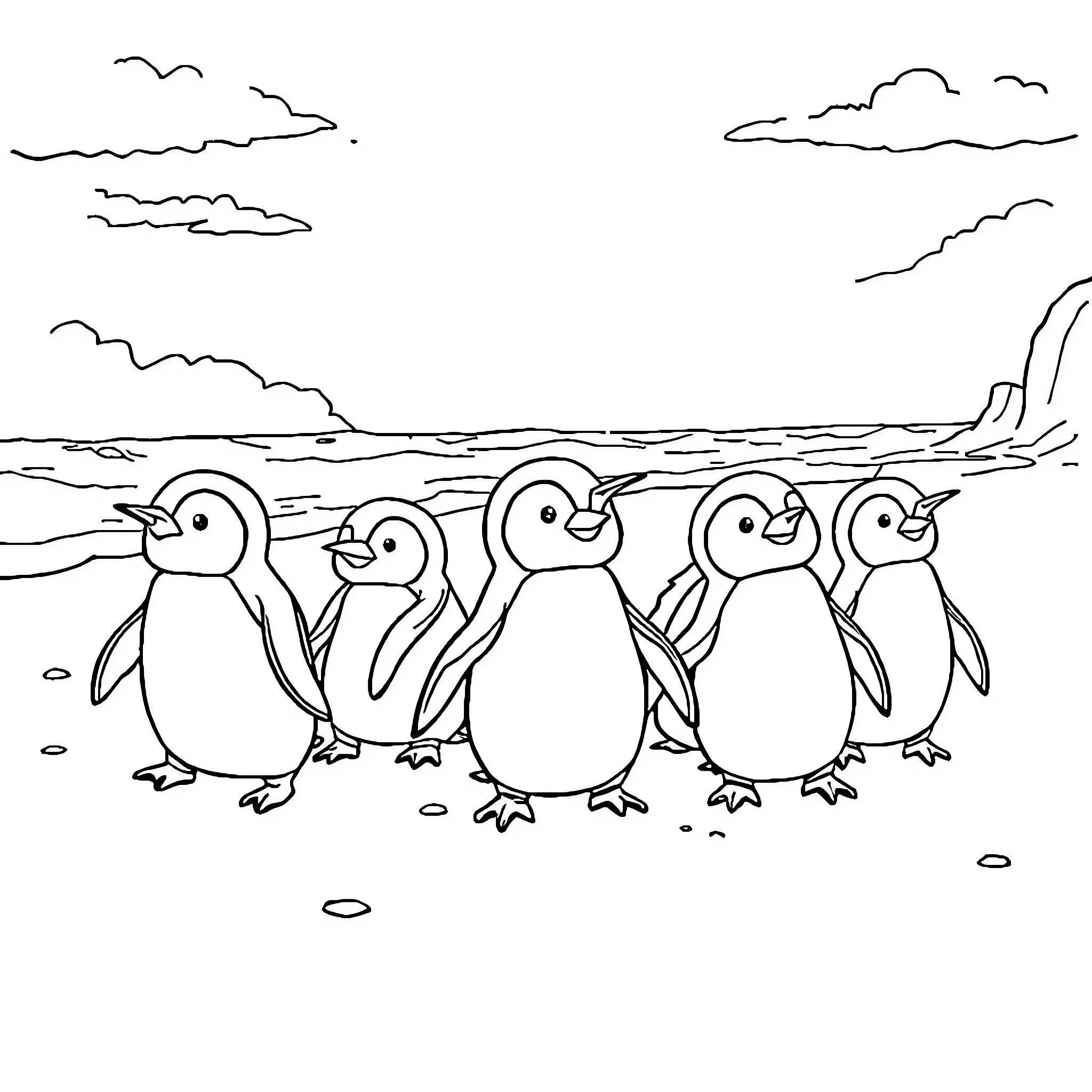 Penguin parade on the beach Coloring Page (free black-and-white line drawing printable PDF for all, from beginners to advanced learners, including children, teens, adults, and seniors)
