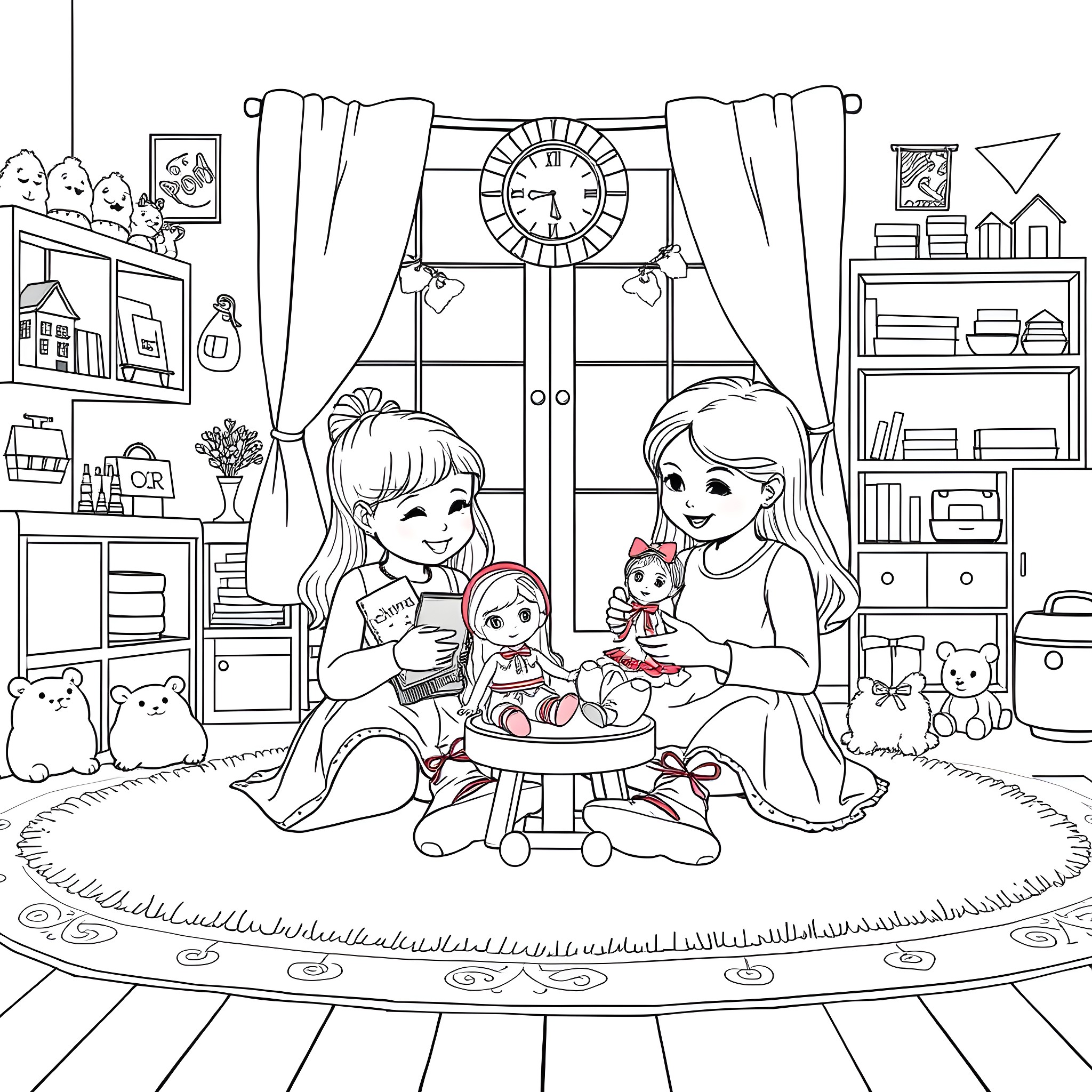 Twin Girls Enjoying a Cozy Tea Party Coloring Page (free black-and-white line drawing printable PDF for all, from beginners to advanced learners, including children, teens, adults, and seniors)