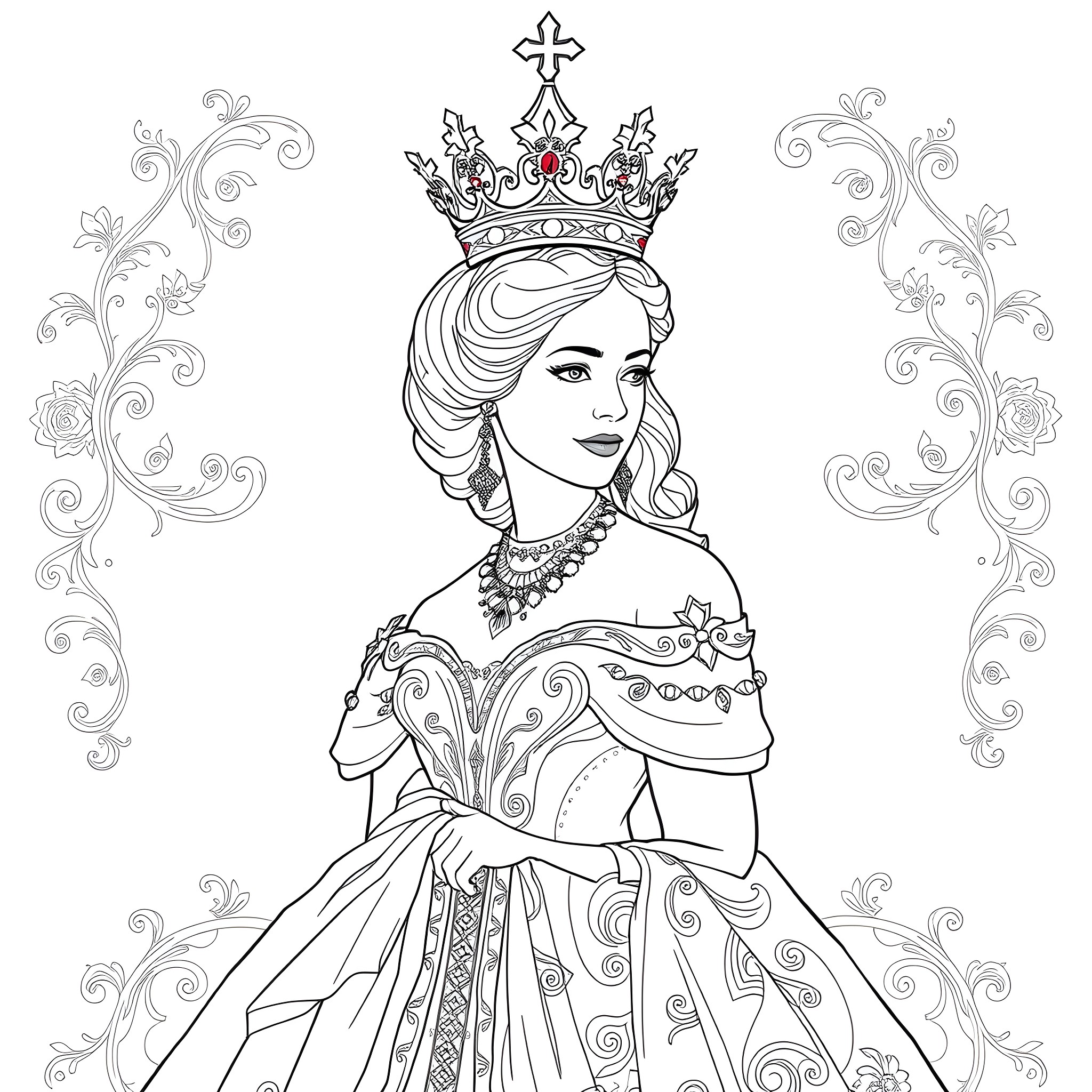 Queen in Ornate Regal Attire Coloring Page (free black-and-white line drawing printable PDF for all, from beginners to advanced learners, including children, teens, adults, and seniors)