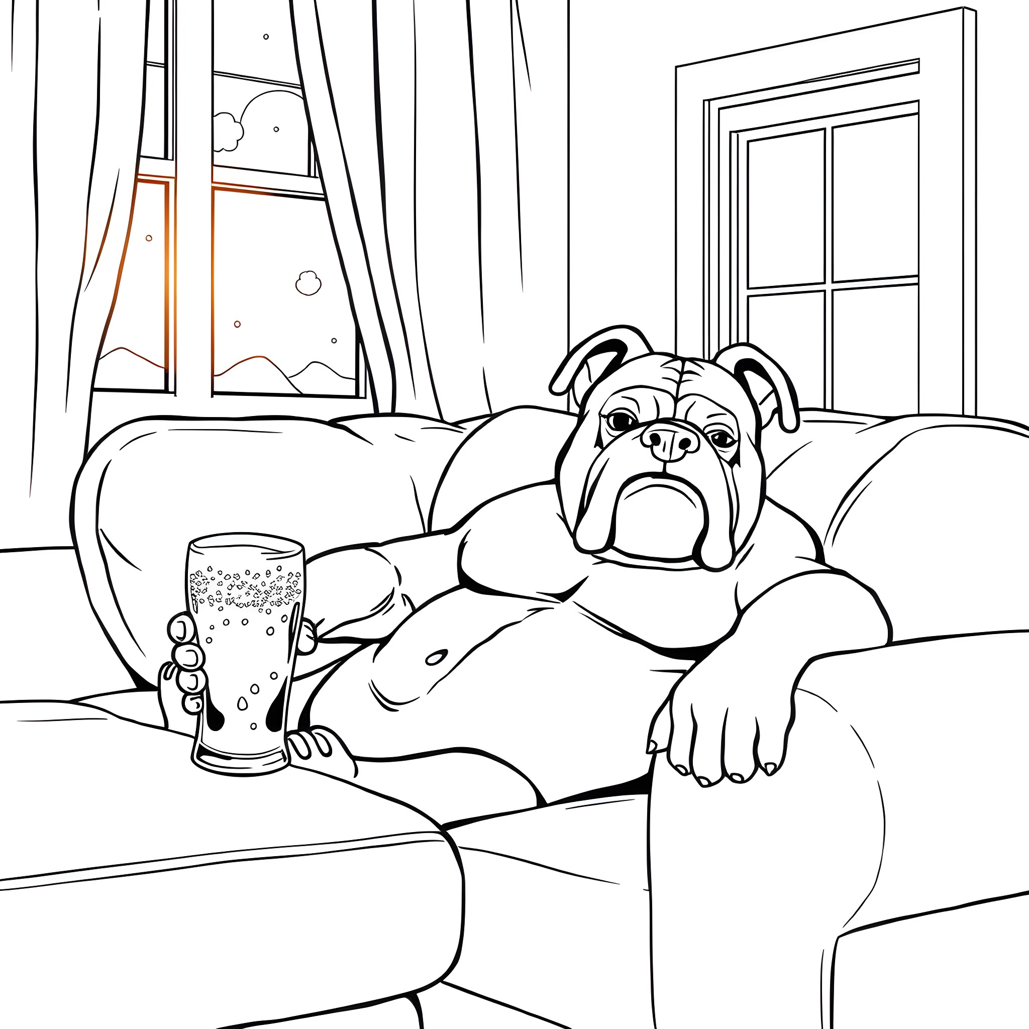 Boxer relaxing with a drink on the couch Coloring Page (free black-and-white line drawing printable PDF for all, from beginners to advanced learners, including children, teens, adults, and seniors)