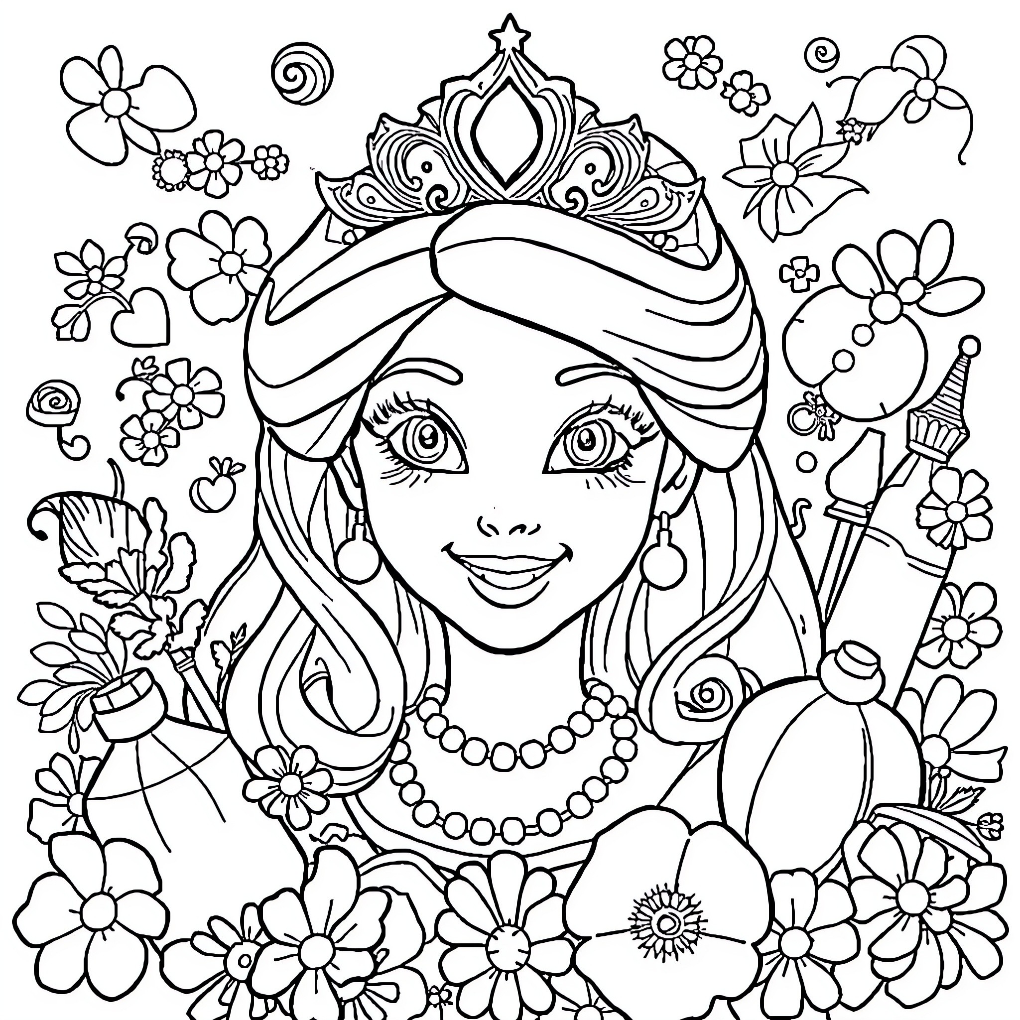 Princesse amidst a floral wonderland Coloring Page (free black-and-white line drawing printable PDF for all, from beginners to advanced learners, including children, teens, adults, and seniors)