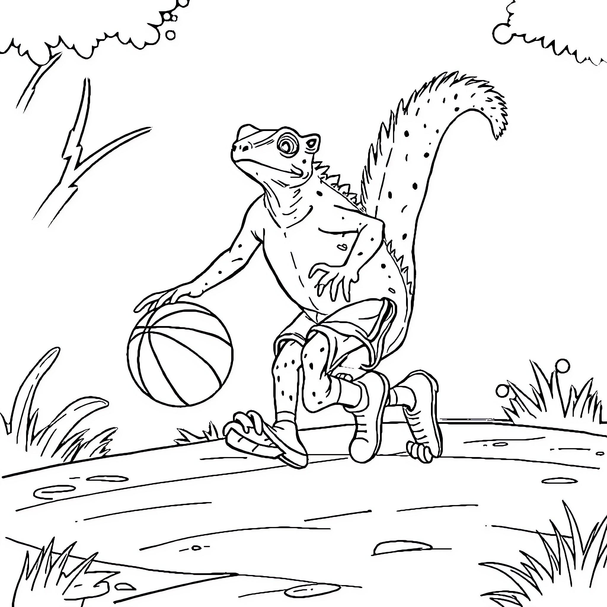 Salamèche playing with a basketball in the wild Coloring Page (free black-and-white line drawing printable PDF for all, from beginners to advanced learners, including children, teens, adults, and seniors)
