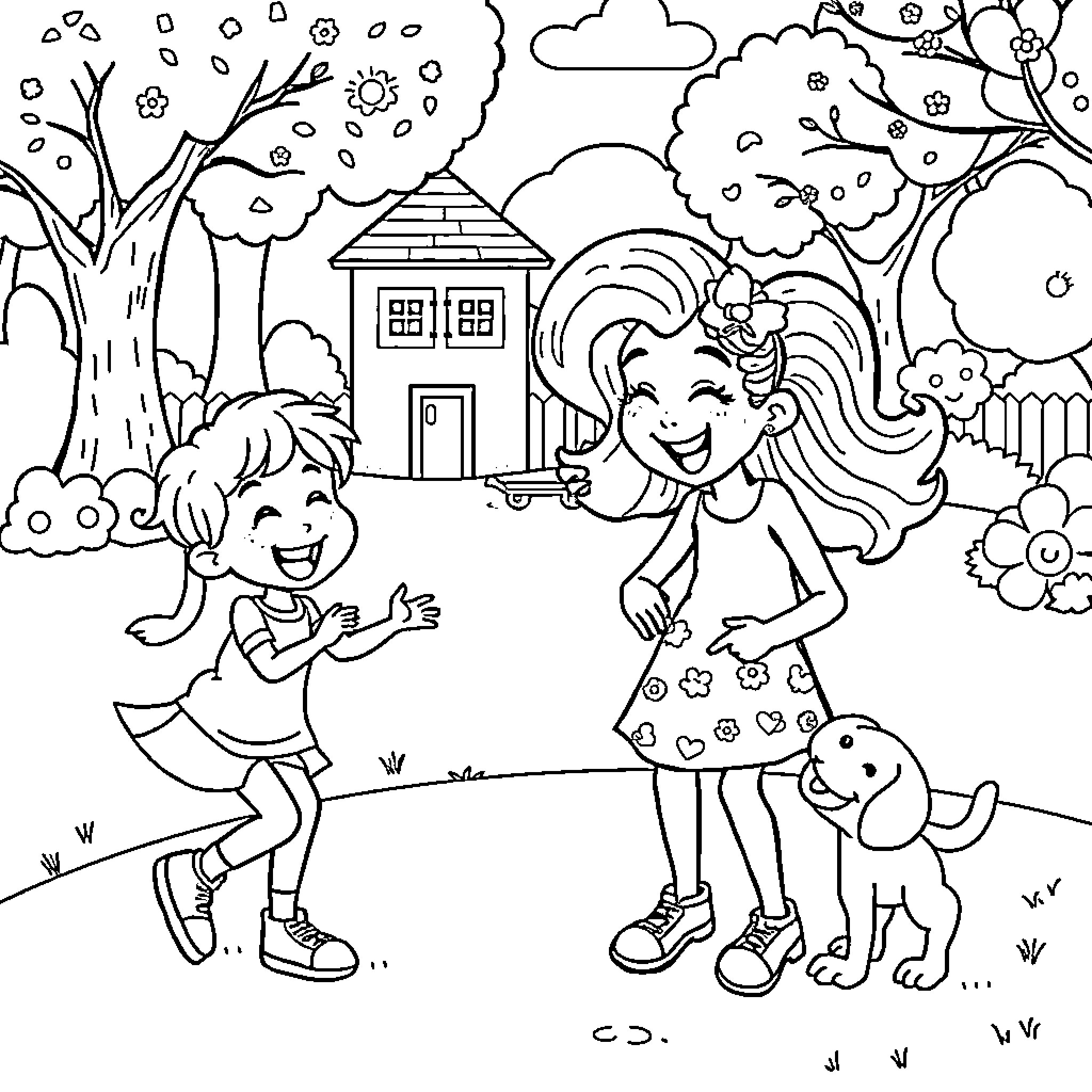 Bluey and friends enjoying outdoor adventures Coloring Page (free black-and-white line drawing printable PDF for all, from beginners to advanced learners, including children, teens, adults, and seniors)