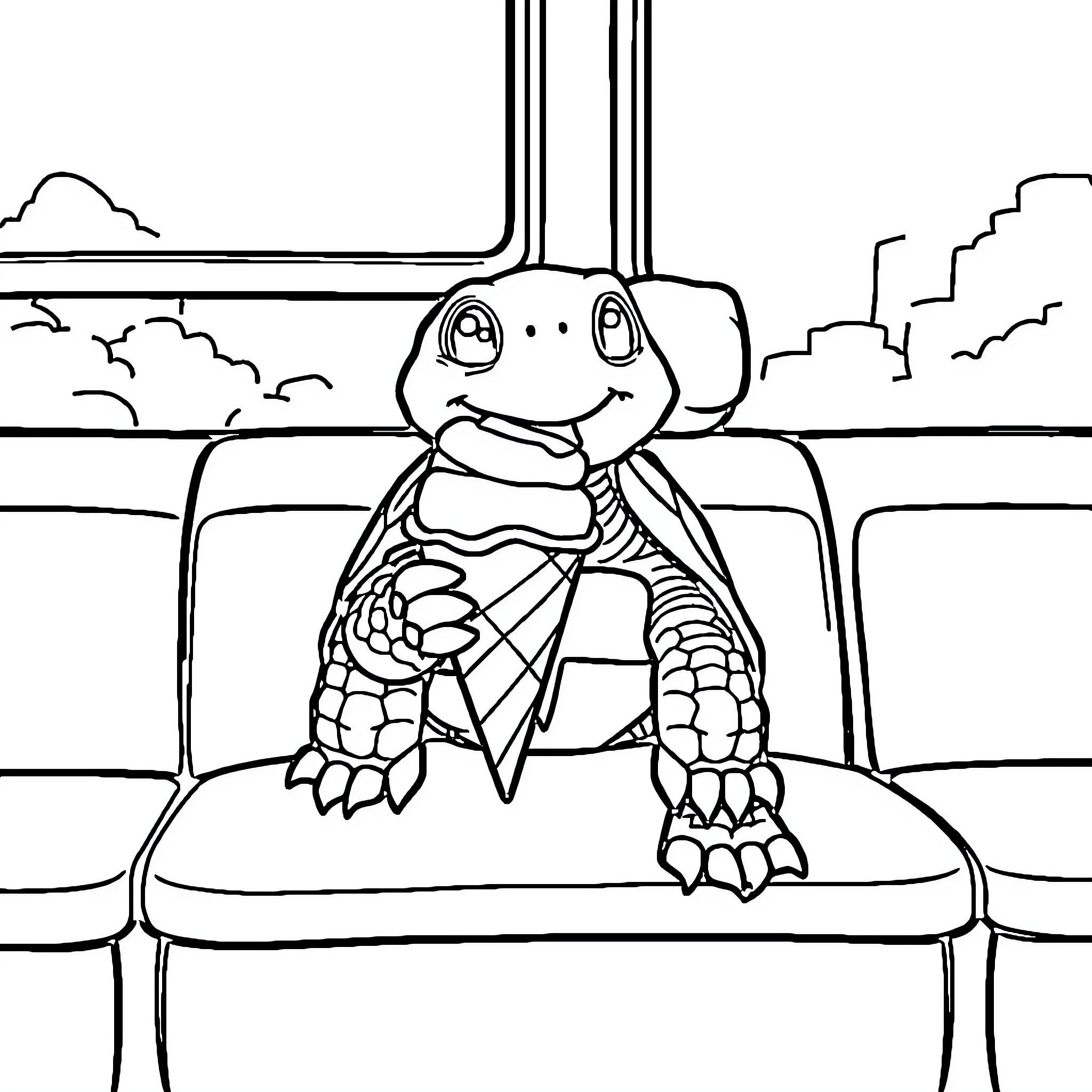 Tortoise sitting comfortably in a public transport Coloring Page (free black-and-white line drawing printable PDF for all, from beginners to advanced learners, including children, teens, adults, and seniors)