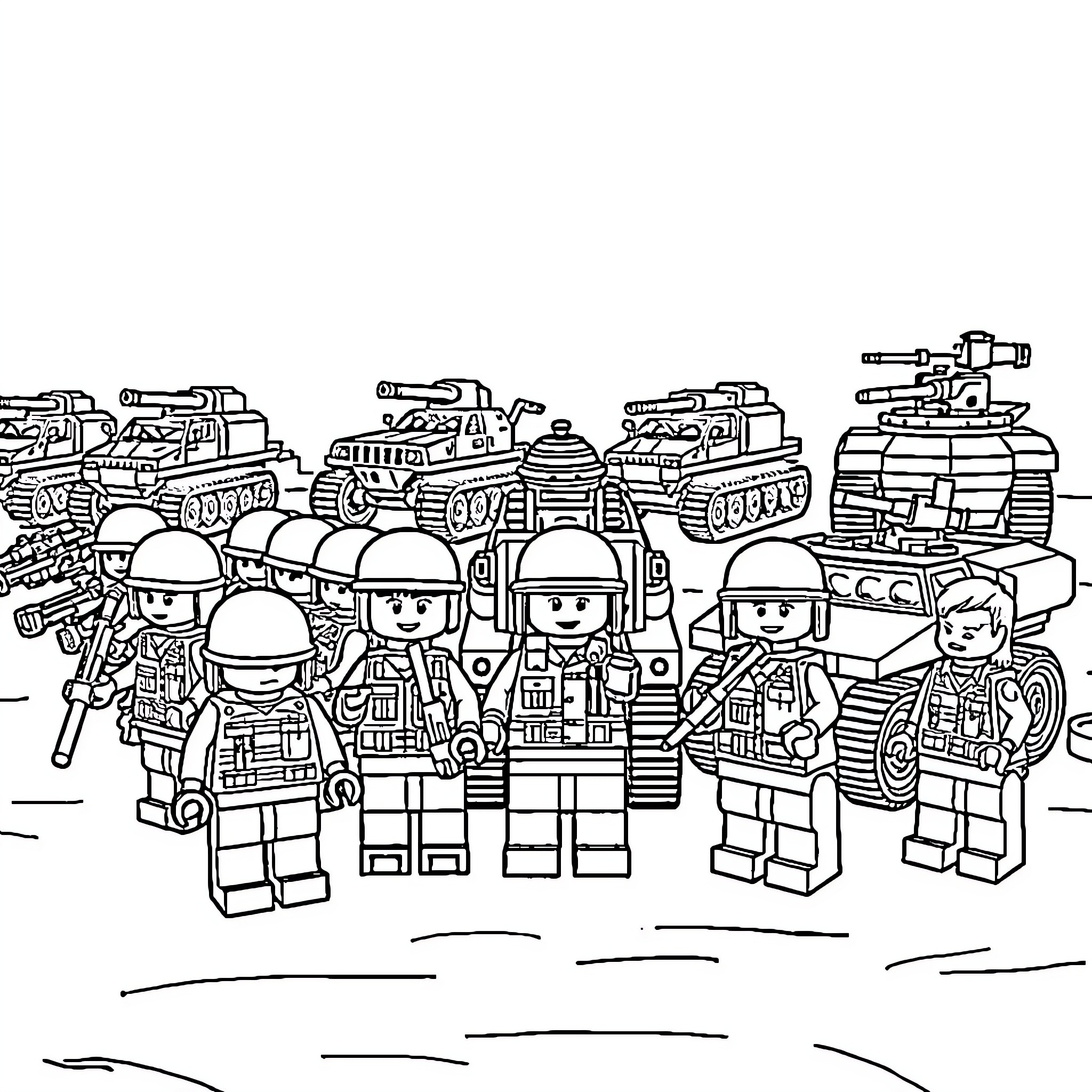 Army soldiers with military vehicles in action Coloring Page (free black-and-white line drawing printable PDF for all, from beginners to advanced learners, including children, teens, adults, and seniors)