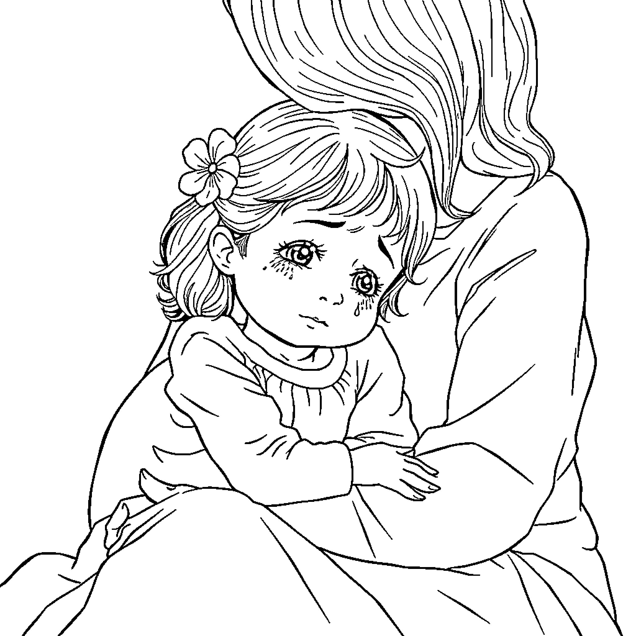 Girl sitting alone with a worried expression Coloring Page (free black-and-white line drawing printable PDF for all, from beginners to advanced learners, including children, teens, adults, and seniors)