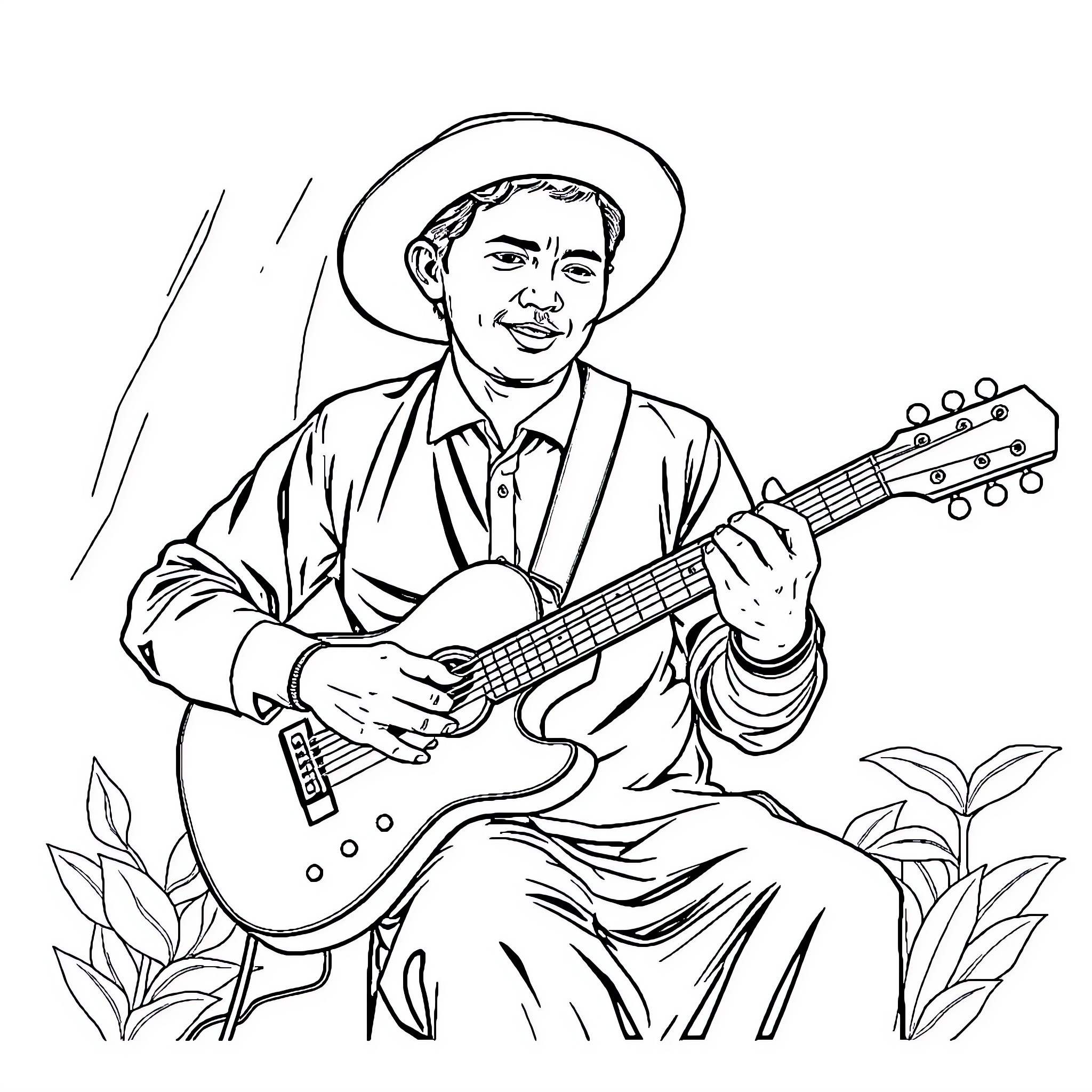 Guitarist playing guitar with enthusiasm outdoors Coloring Page (free black-and-white line drawing printable PDF for all, from beginners to advanced learners, including children, teens, adults, and seniors)