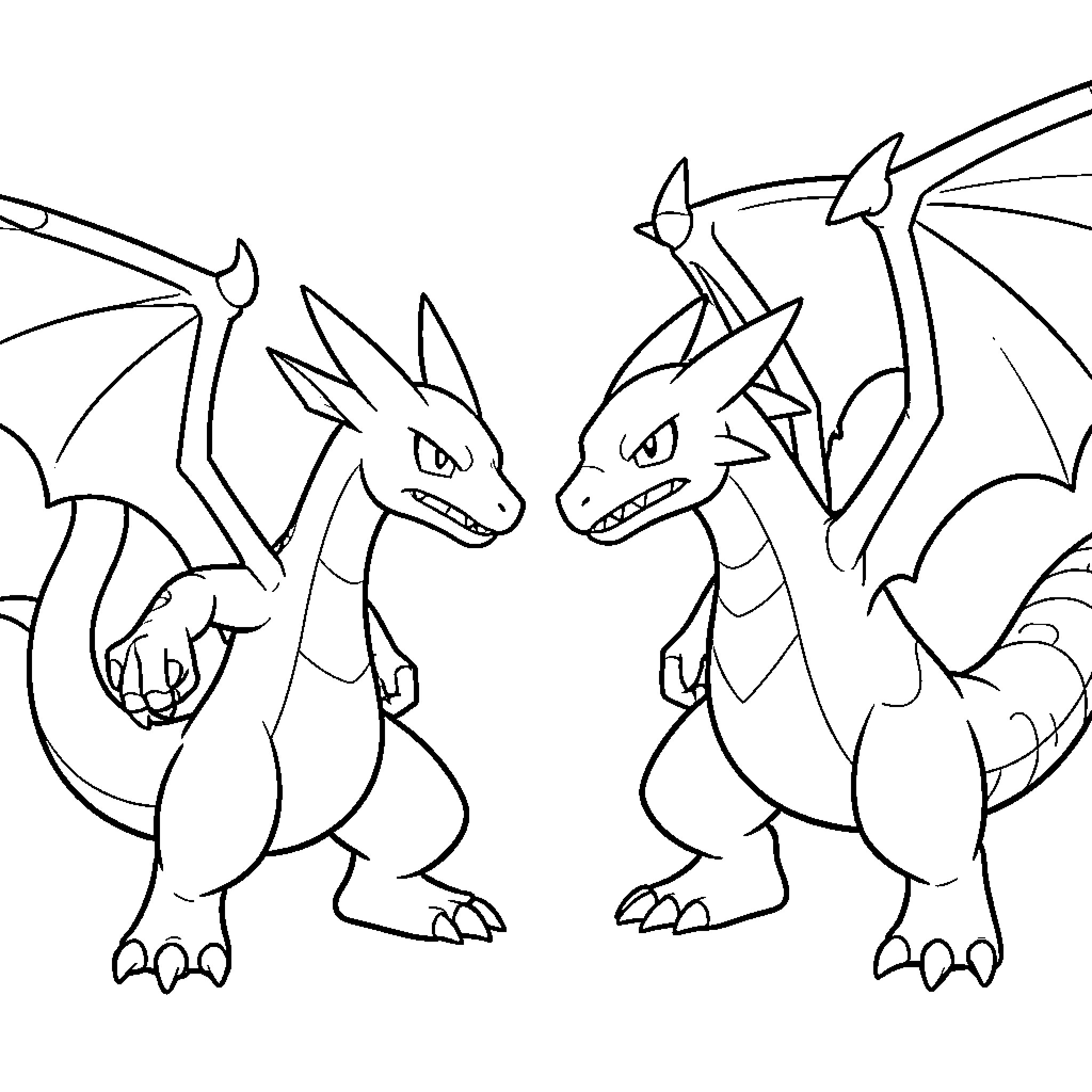 Sceptile and dragon creatures facing each other intensely Coloring Page (free black-and-white line drawing printable PDF for all, from beginners to advanced learners, including children, teens, adults, and seniors)