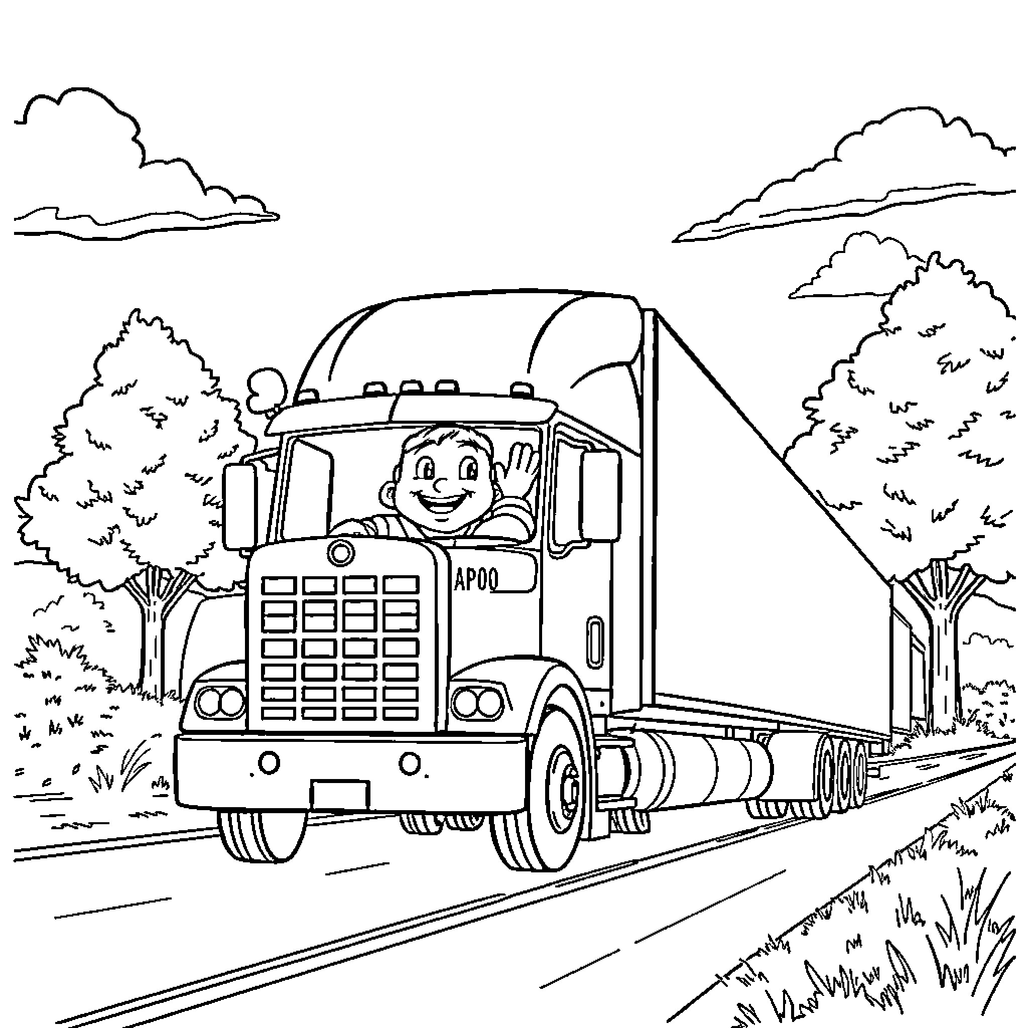 Truck driving happily through scenic countryside Coloring Page (free black-and-white line drawing printable PDF for all, from beginners to advanced learners, including children, teens, adults, and seniors)