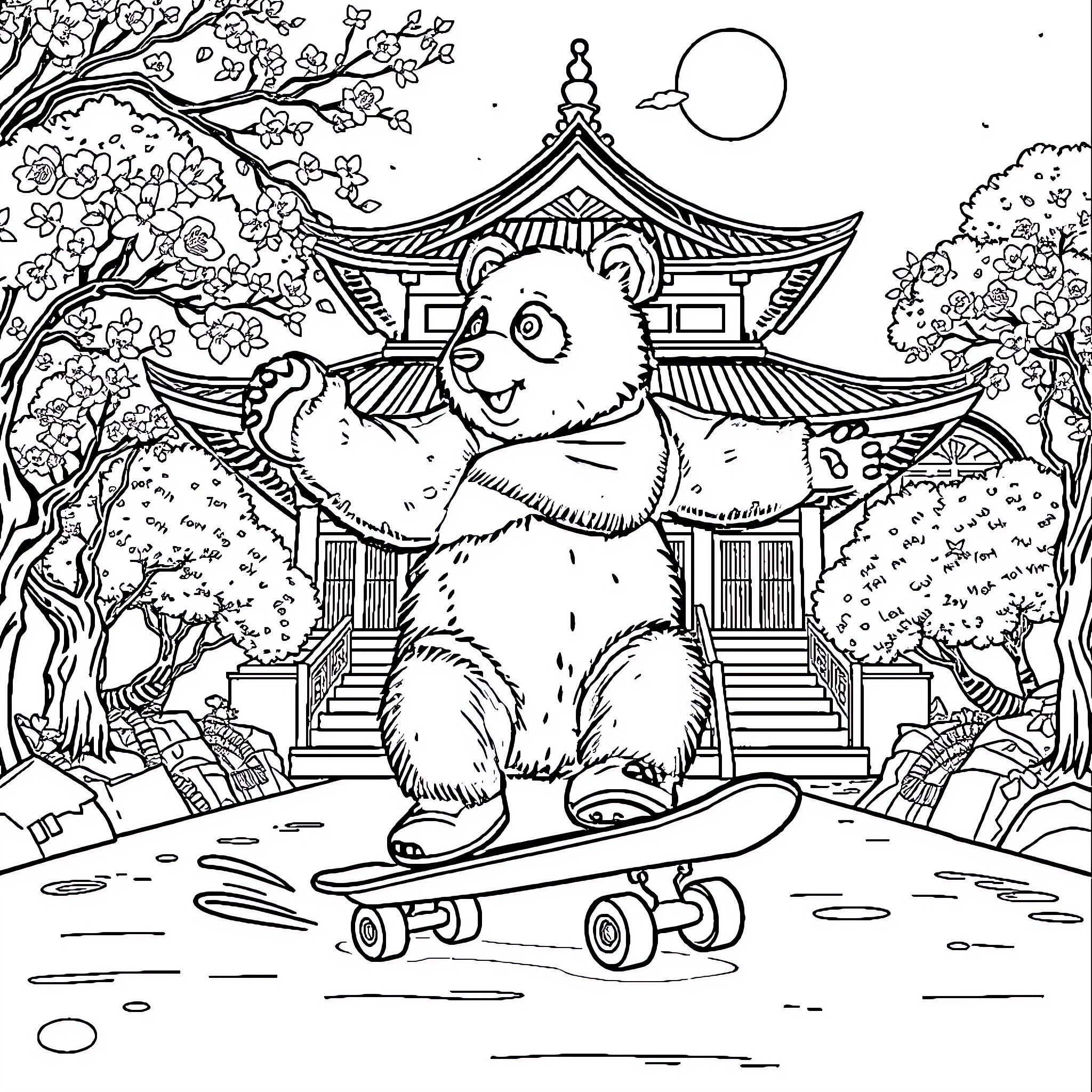 Panda skateboarding near pagoda Coloring Page (free black-and-white line drawing printable PDF for all, from beginners to advanced learners, including children, teens, adults, and seniors)
