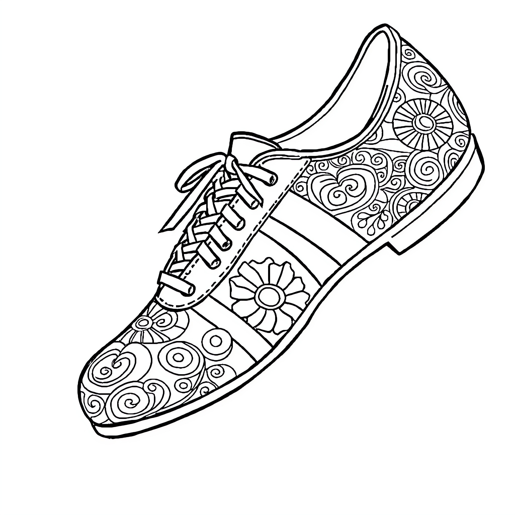 Samba Shoe with Floral Patterns Coloring Page (free black-and-white line drawing printable PDF for all, from beginners to advanced learners, including children, teens, adults, and seniors)