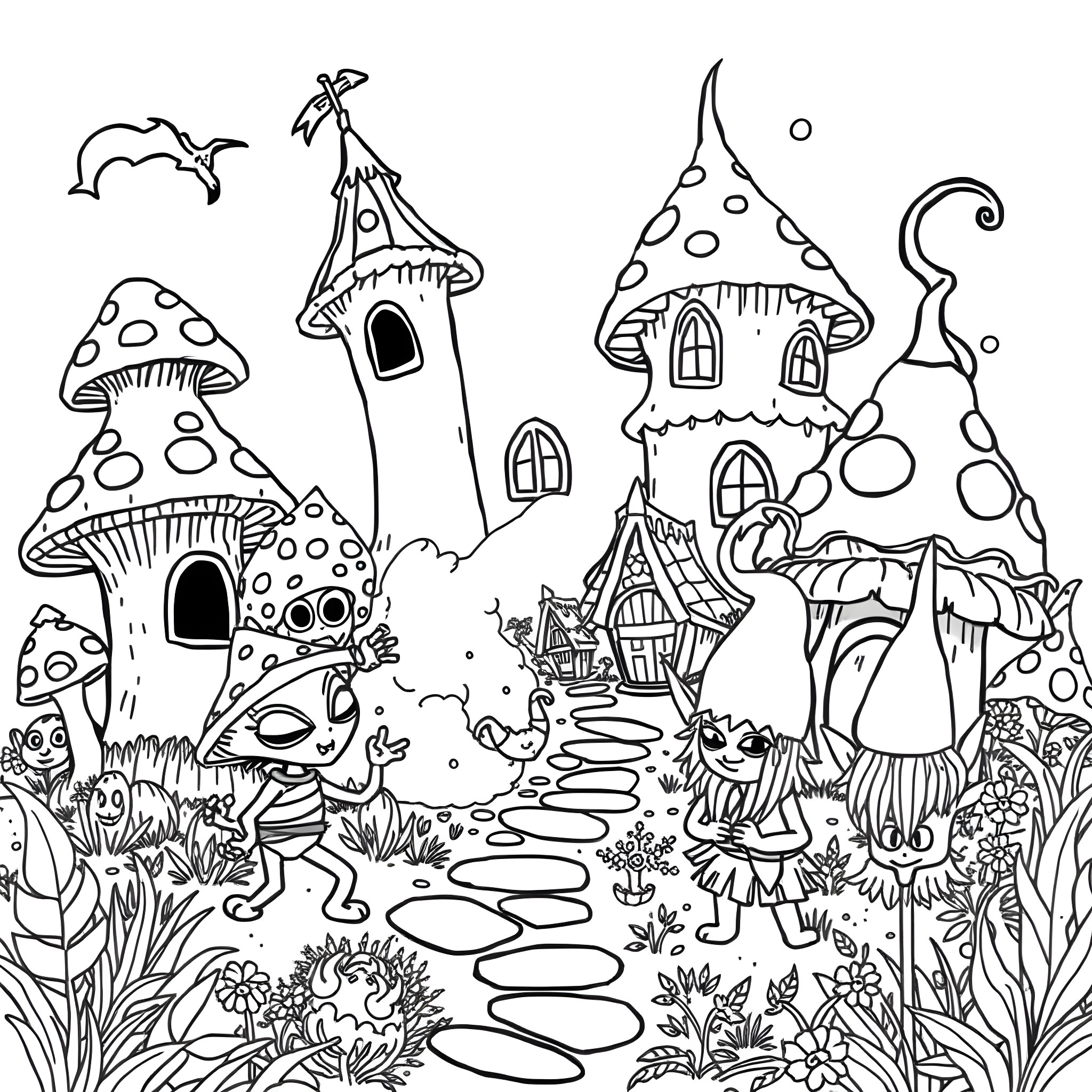 Alien mushroom houses in a magical forest Coloring Page (free black-and-white line drawing printable PDF for all, from beginners to advanced learners, including children, teens, adults, and seniors)