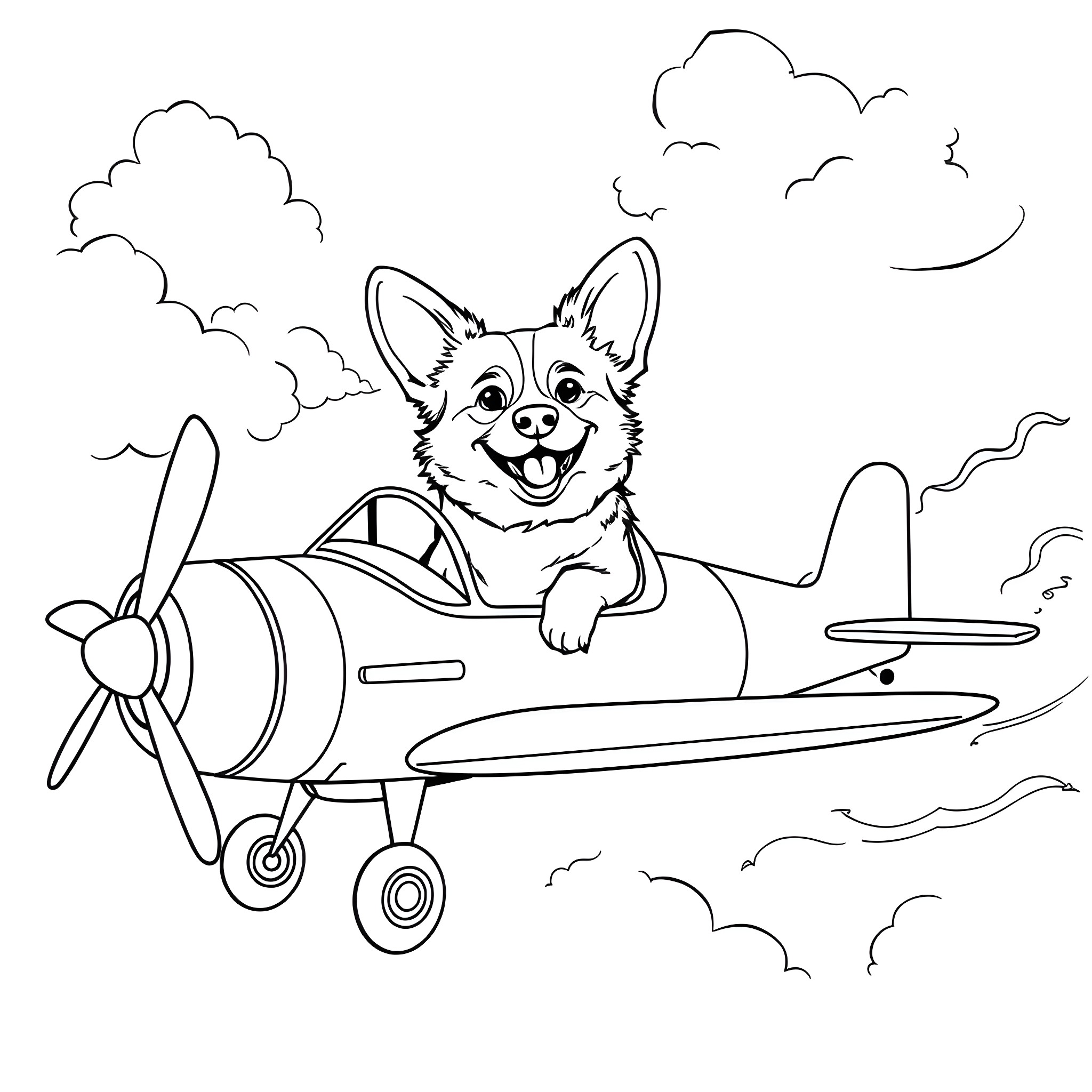 Corgi flying happily in an airplane Coloring Page (free black-and-white line drawing printable PDF for all, from beginners to advanced learners, including children, teens, adults, and seniors)