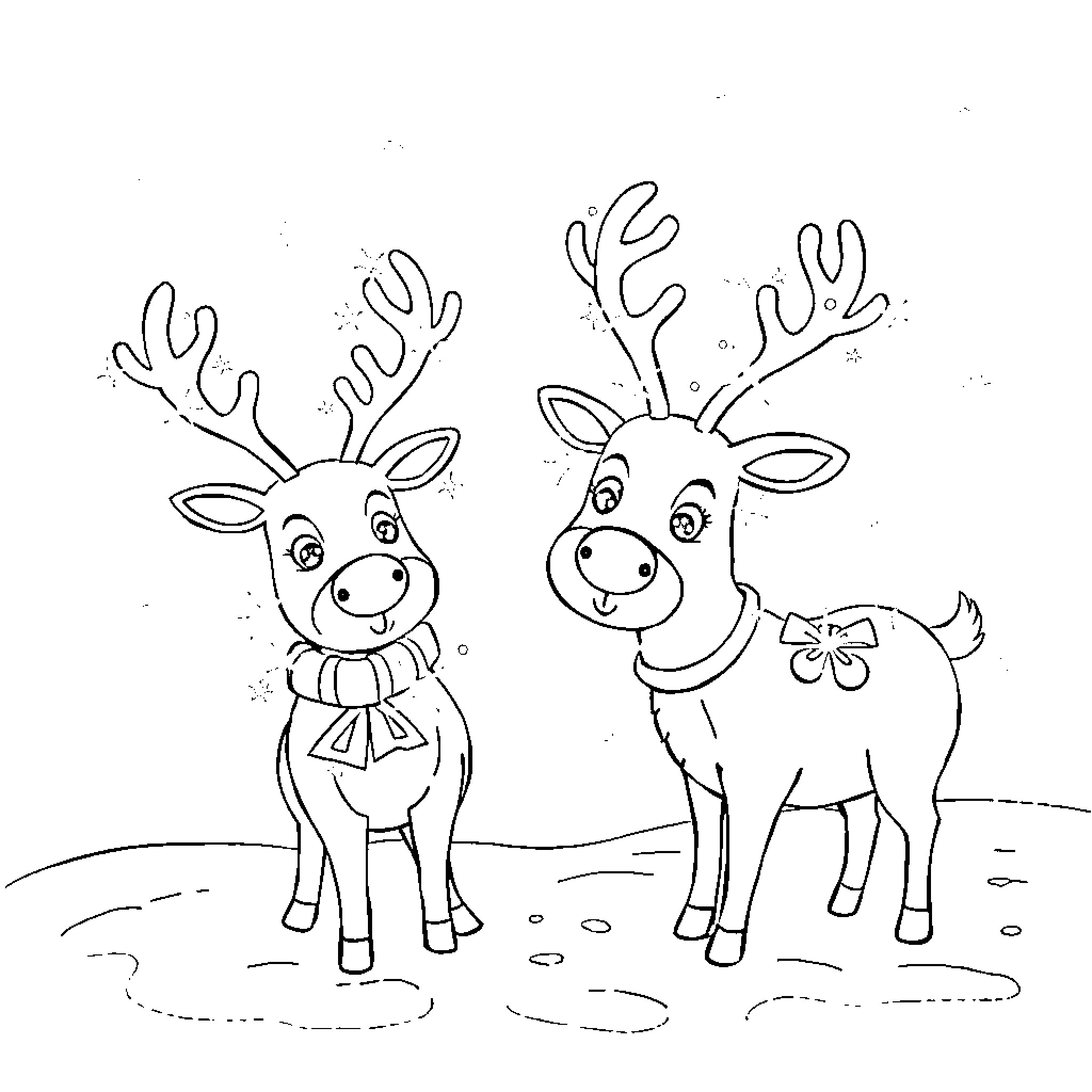 Christmas Cracker Reindeer Friends in Snowy Scene Coloring Page (free black-and-white line drawing printable PDF for all, from beginners to advanced learners, including children, teens, adults, and seniors)
