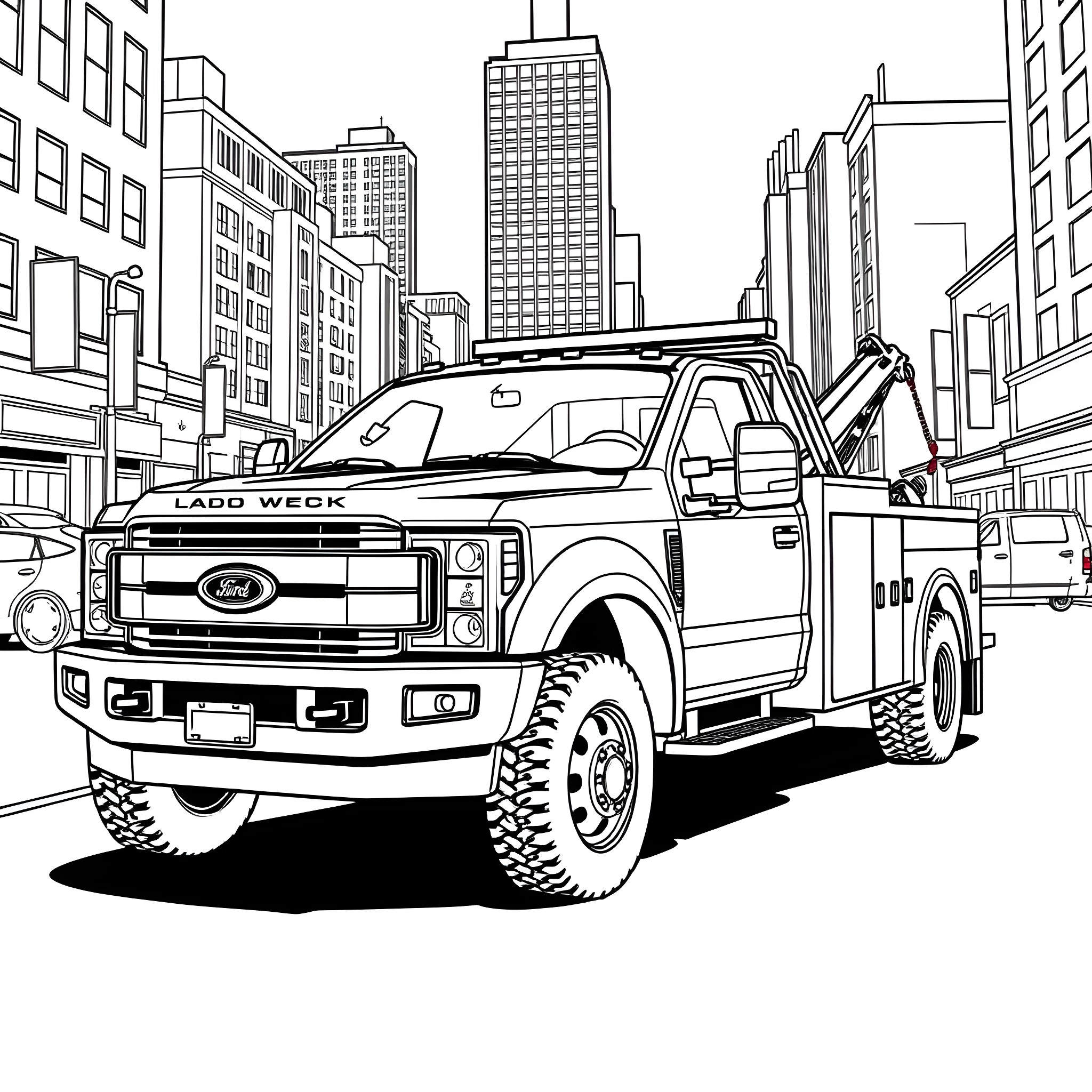 Wrecker truck navigating the city streets Coloring Page (free black-and-white line drawing printable PDF for all, from beginners to advanced learners, including children, teens, adults, and seniors)