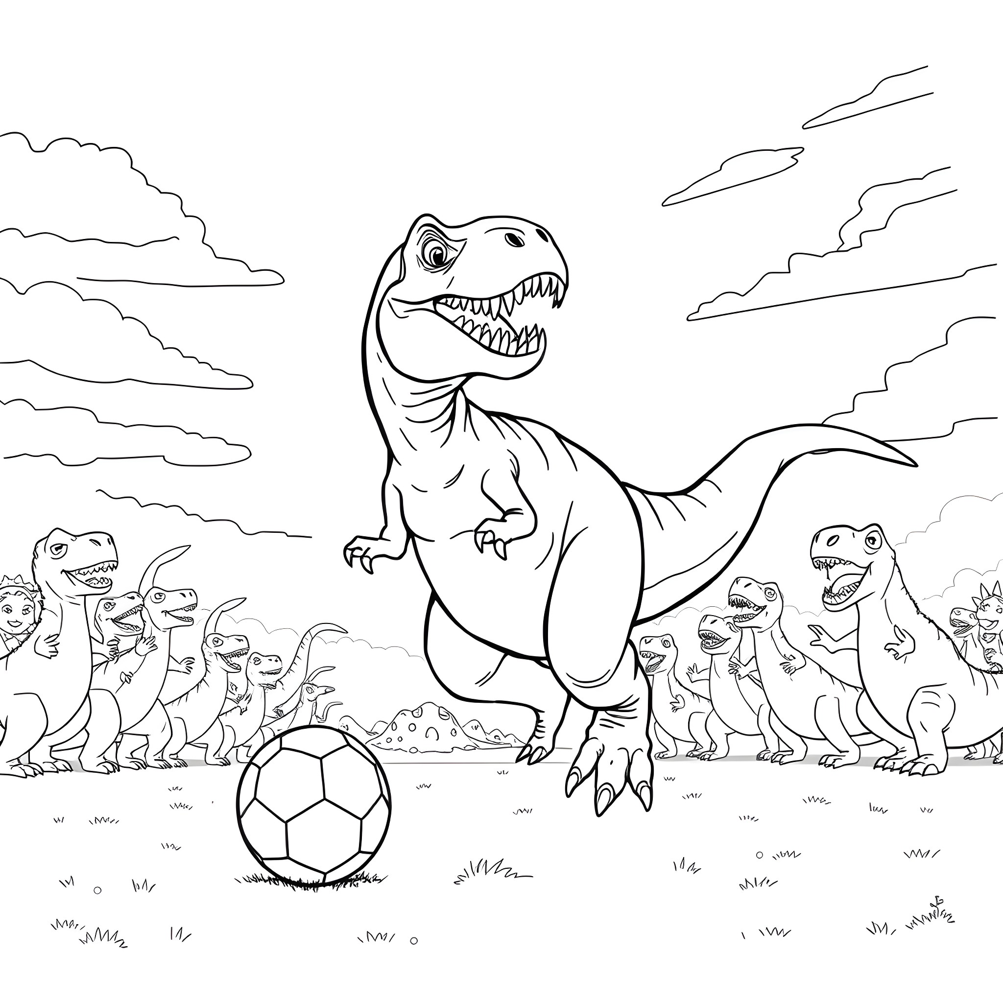 T-Rex playing soccer with a group of dinosaurs Coloring Page (free black-and-white line drawing printable PDF for all, from beginners to advanced learners, including children, teens, adults, and seniors)