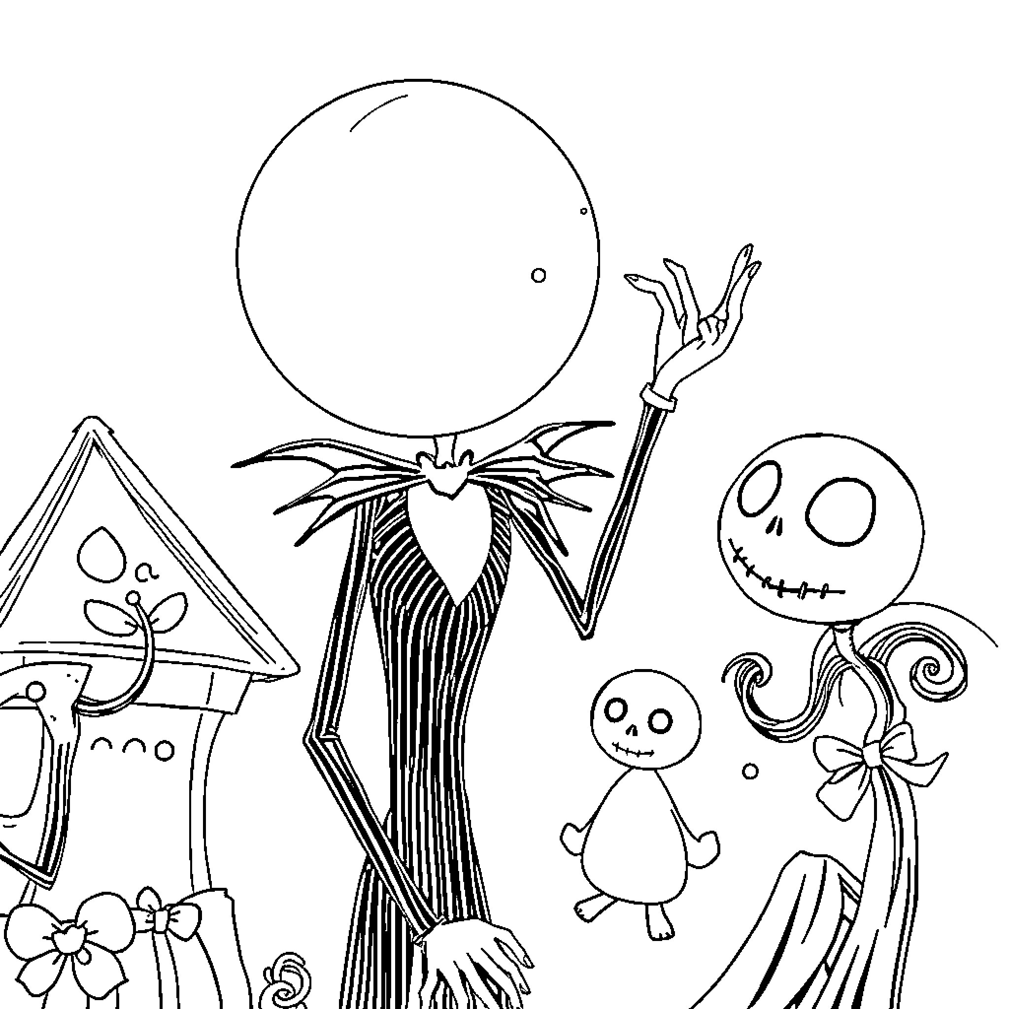 Jack's Spooky Night with Peculiar Creatures Coloring Page (free black-and-white line drawing printable PDF for all, from beginners to advanced learners, including children, teens, adults, and seniors)