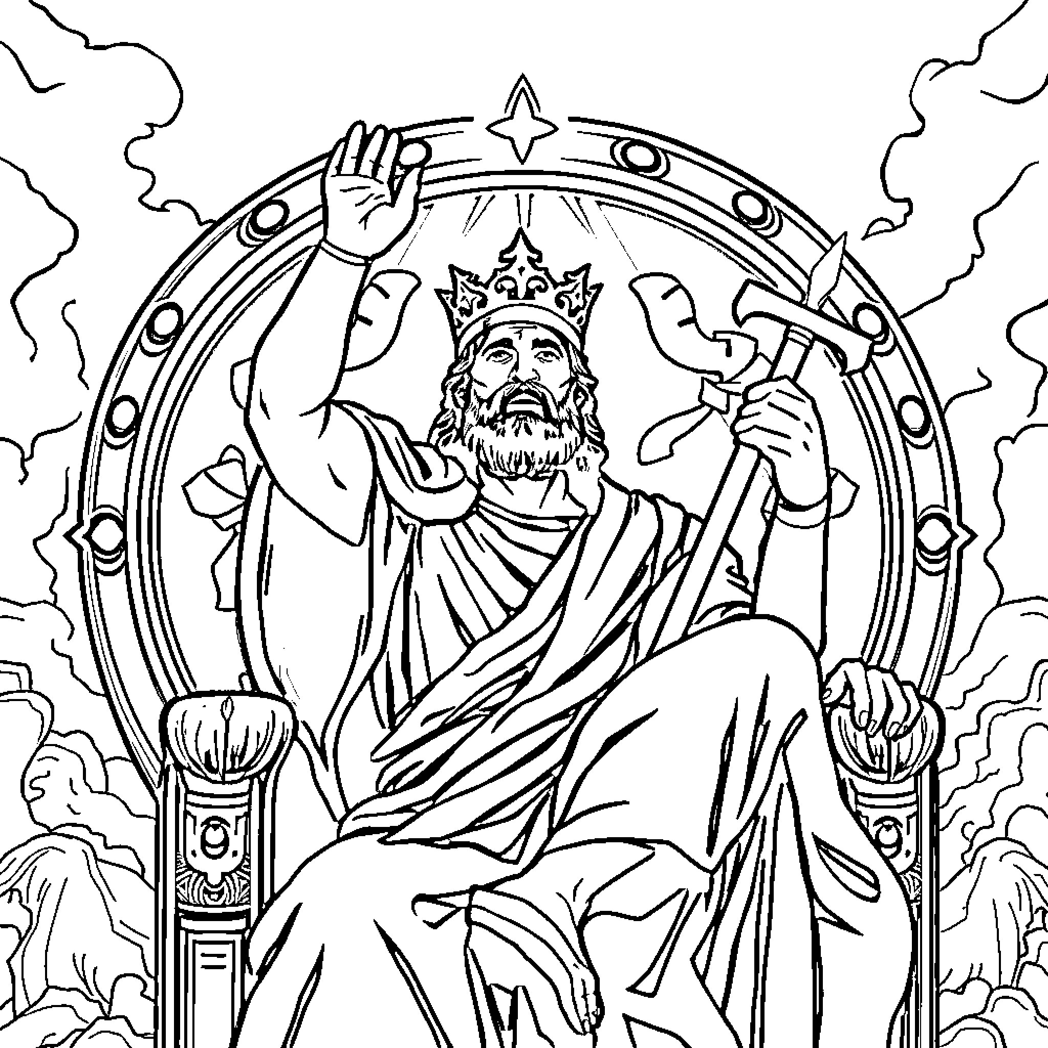 David, the Majestic King on His Throne Coloring Page (free black-and-white line drawing printable PDF for all, from beginners to advanced learners, including children, teens, adults, and seniors)