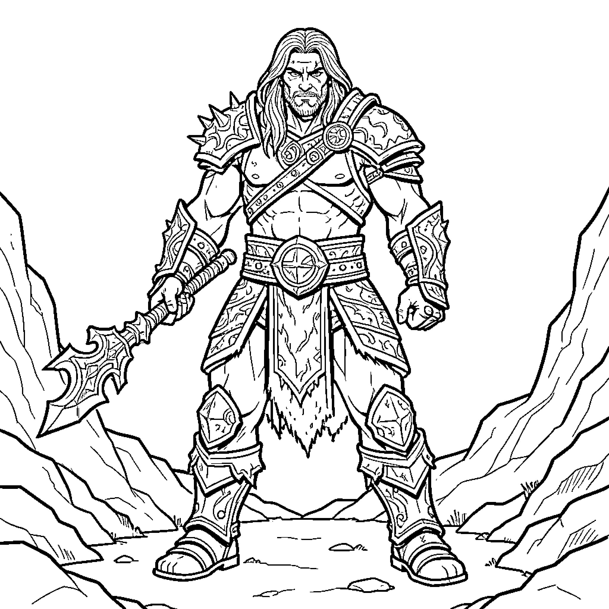 God of War warrior holding a massive axe Coloring Page (free black-and-white line drawing printable PDF for all, from beginners to advanced learners, including children, teens, adults, and seniors)