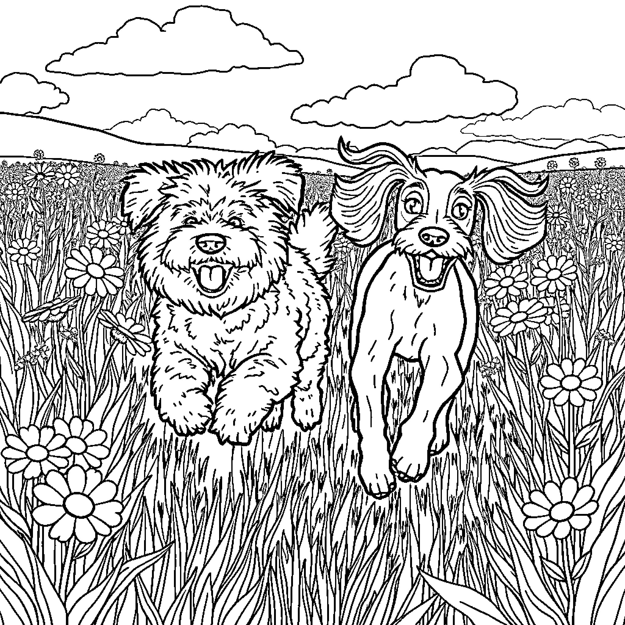 Dogs playing joyfully in a flower-filled field Coloring Page (free black-and-white line drawing printable PDF for all, from beginners to advanced learners, including children, teens, adults, and seniors)