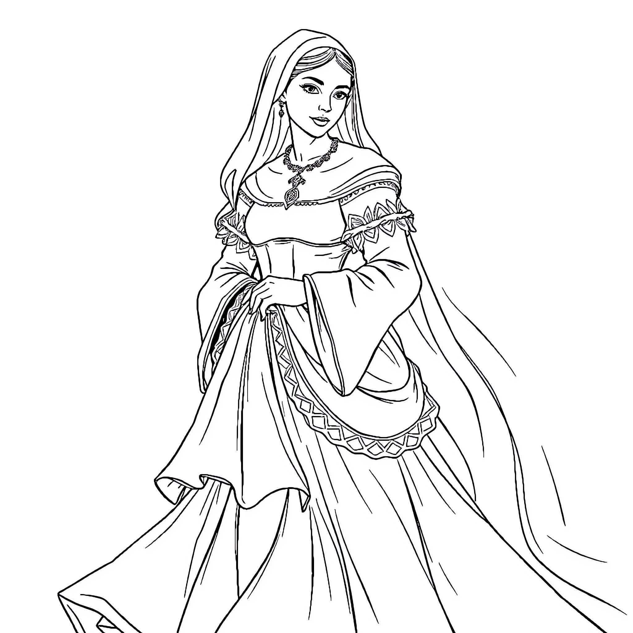 Valerina's Regal Poise: A Majestic Maiden's Portrait Coloring Page (free black-and-white line drawing printable PDF for all, from beginners to advanced learners, including children, teens, adults, and seniors)