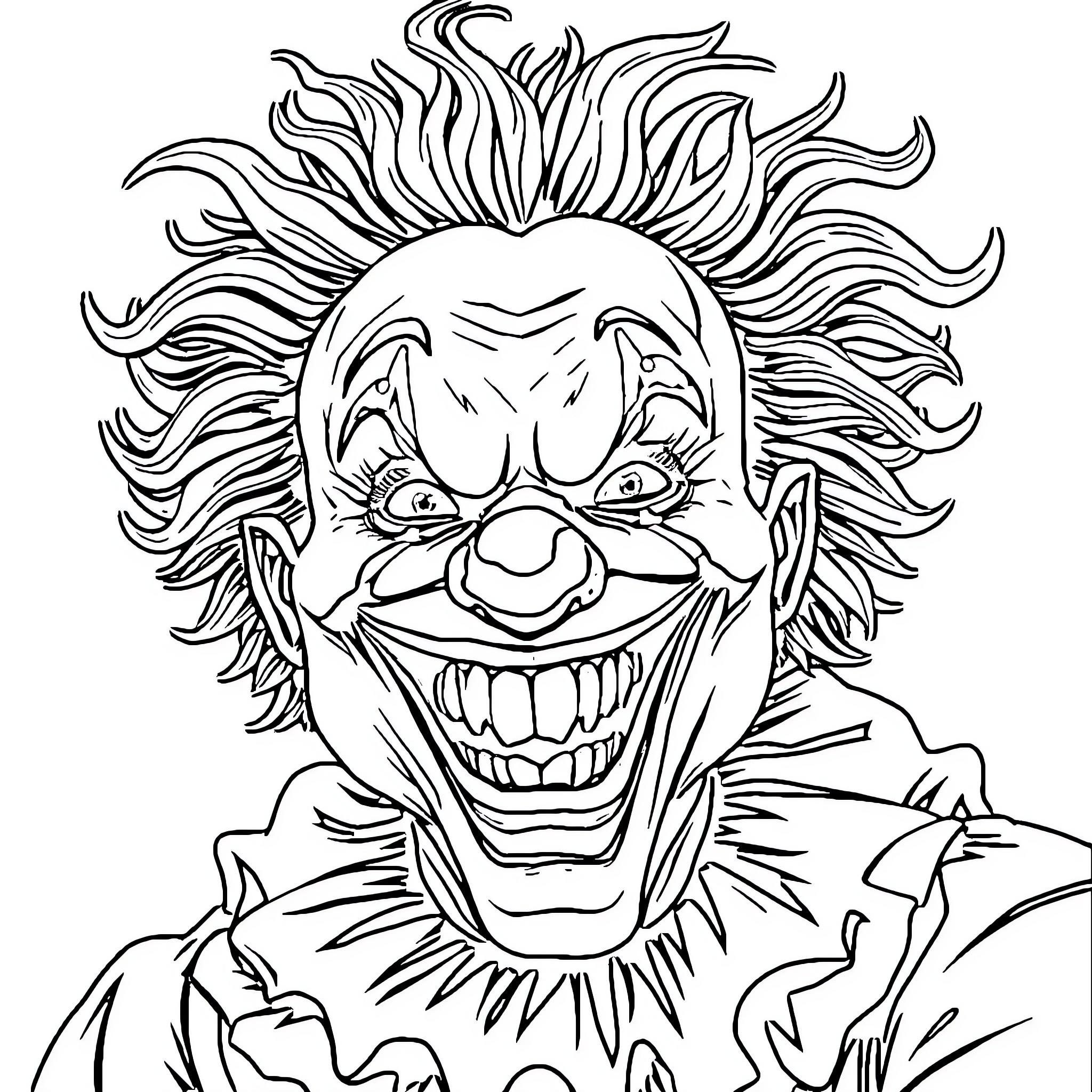 Clown with an unsettling grin and wild hair Coloring Page (free black-and-white line drawing printable PDF for all, from beginners to advanced learners, including children, teens, adults, and seniors)