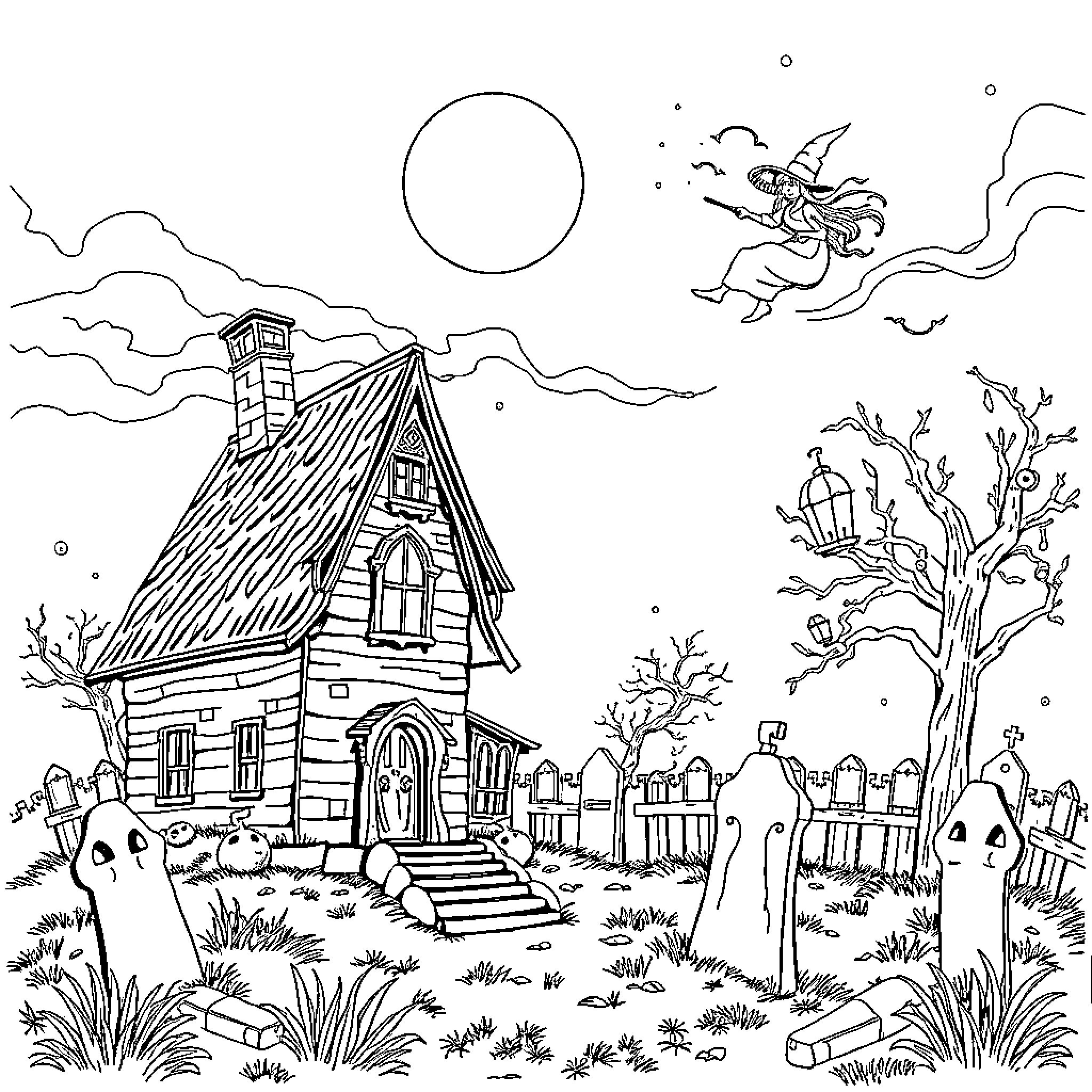 Haunted House with Spooky Figures and Fairy in the Night Sky Coloring Page (free black-and-white line drawing printable PDF for all, from beginners to advanced learners, including children, teens, adults, and seniors)