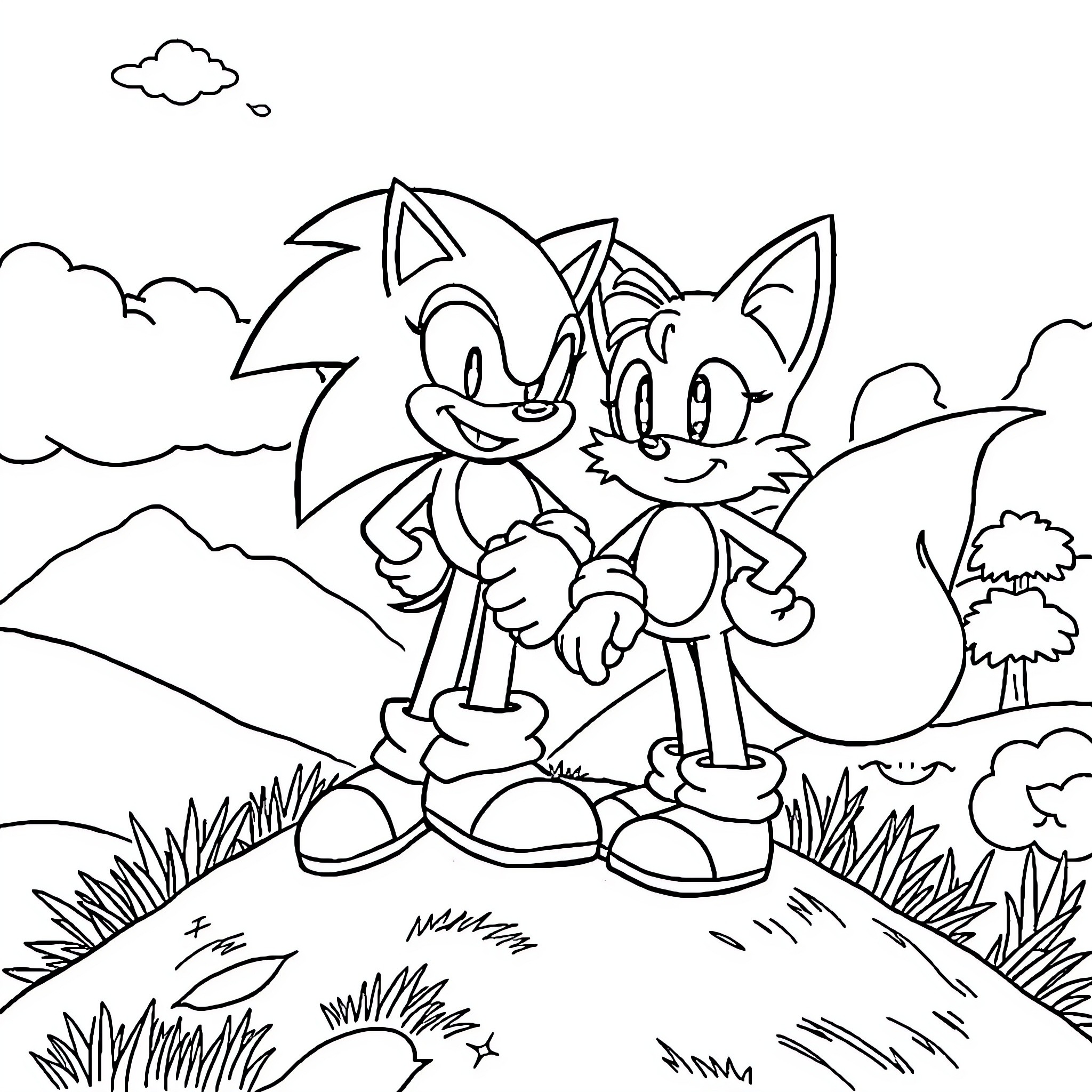 Sonic and friend explore outdoors adventure Coloring Page (free black-and-white line drawing printable PDF for all, from beginners to advanced learners, including children, teens, adults, and seniors)