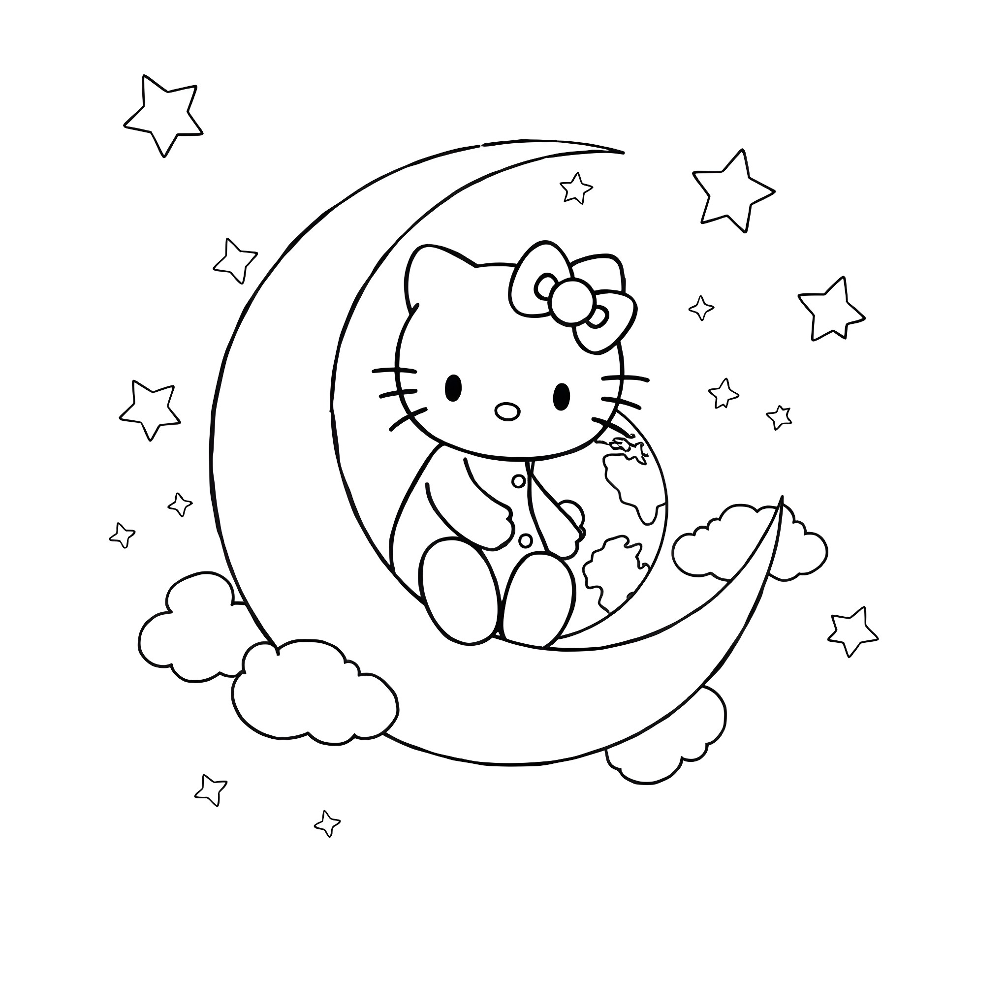 Hello Kitty sitting on a crescent moon with stars Coloring Page (free black-and-white line drawing printable PDF for all, from beginners to advanced learners, including children, teens, adults, and seniors)