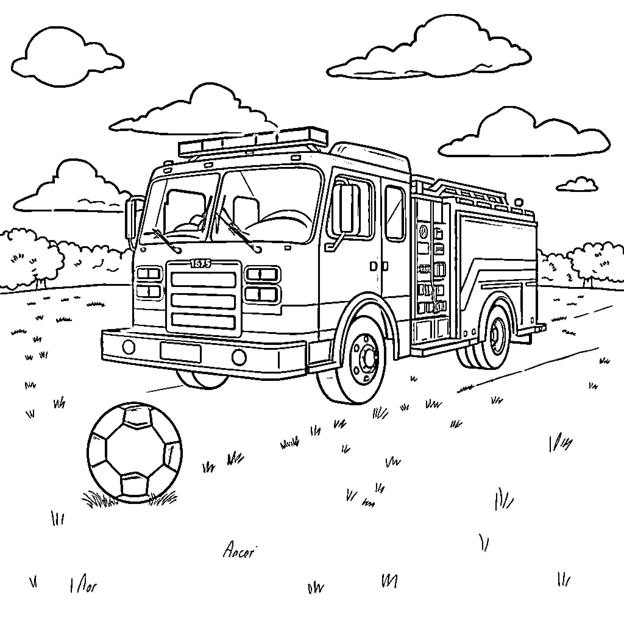 Fire Truck responding to an emergency scene Coloring Page (free black-and-white line drawing printable PDF for all, from beginners to advanced learners, including children, teens, adults, and seniors)