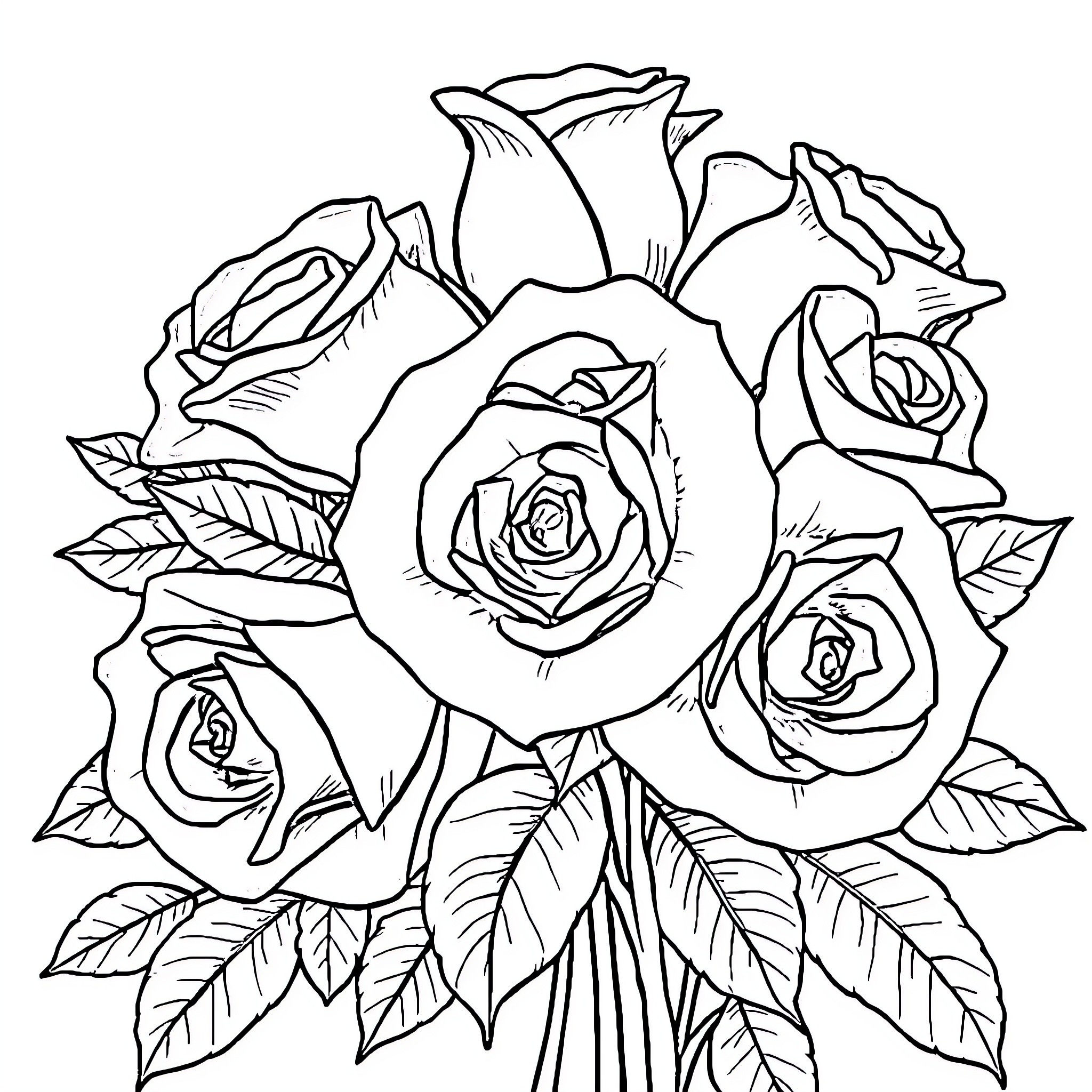 Rose Bouquet with Flowing Leaves Coloring Page (free black-and-white line drawing printable PDF for all, from beginners to advanced learners, including children, teens, adults, and seniors)