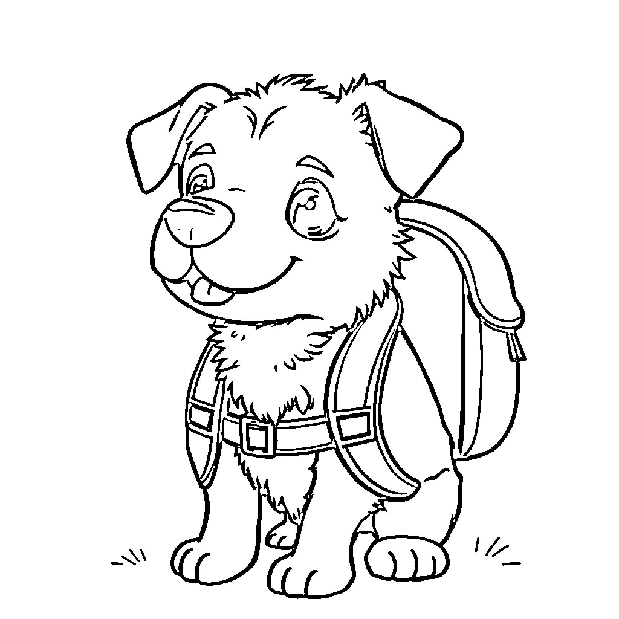 Dog wearing backpack looking happy Coloring Page (free black-and-white line drawing printable PDF for all, from beginners to advanced learners, including children, teens, adults, and seniors)