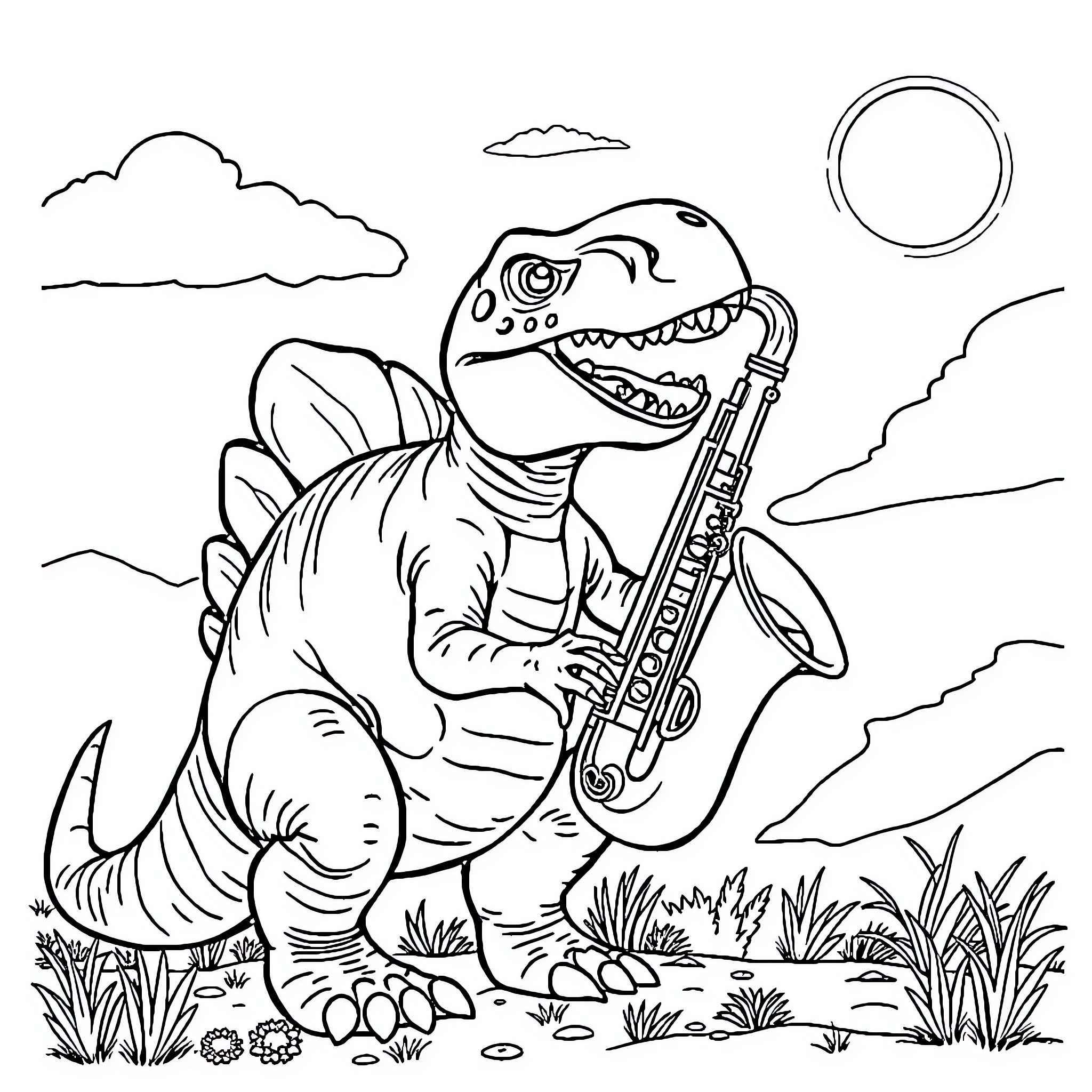 Ankylosaurus playing the saxophone in nature Coloring Page (free black-and-white line drawing printable PDF for all, from beginners to advanced learners, including children, teens, adults, and seniors)