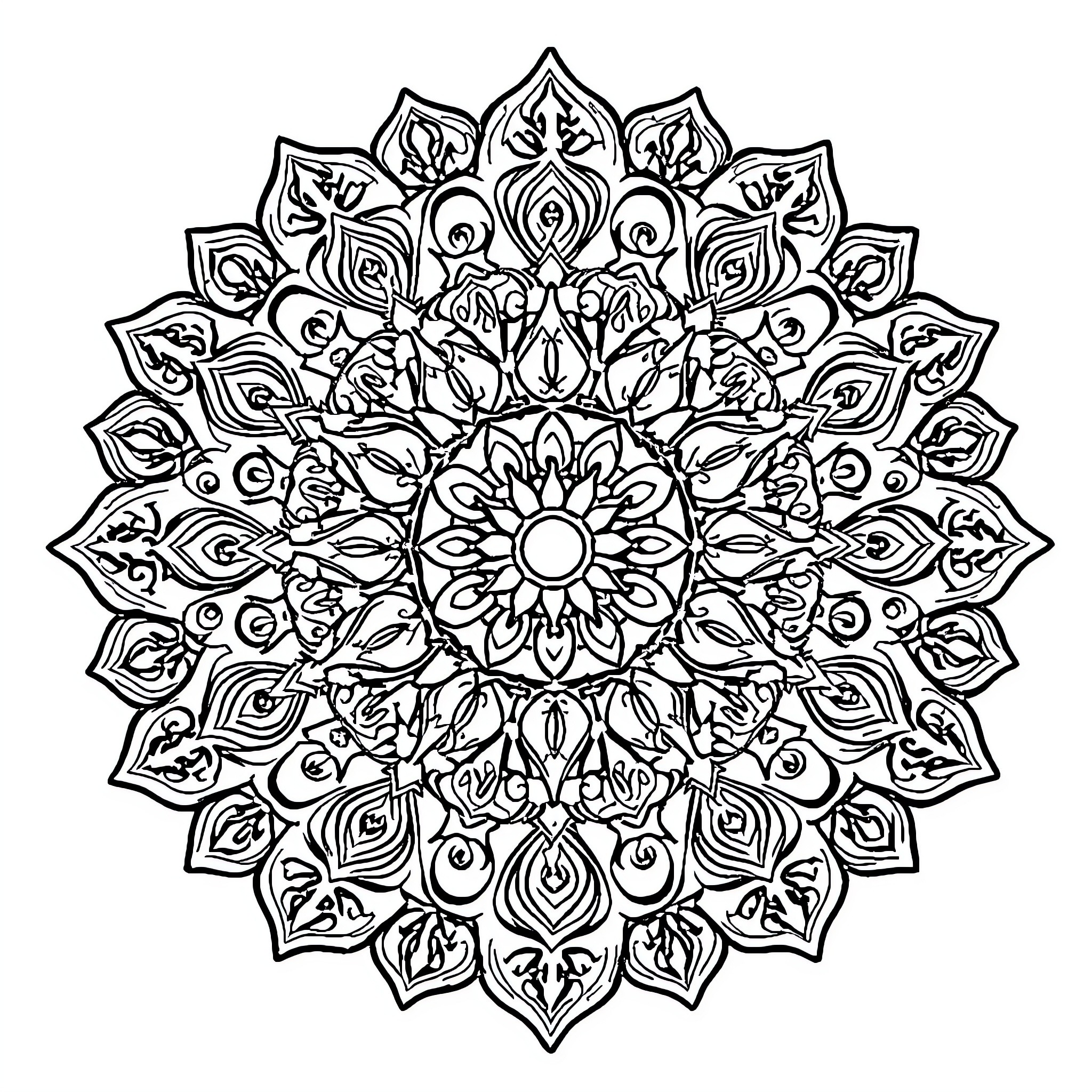 Mandala with intricate floral patterns and symmetry Coloring Page (free black-and-white line drawing printable PDF for all, from beginners to advanced learners, including children, teens, adults, and seniors)