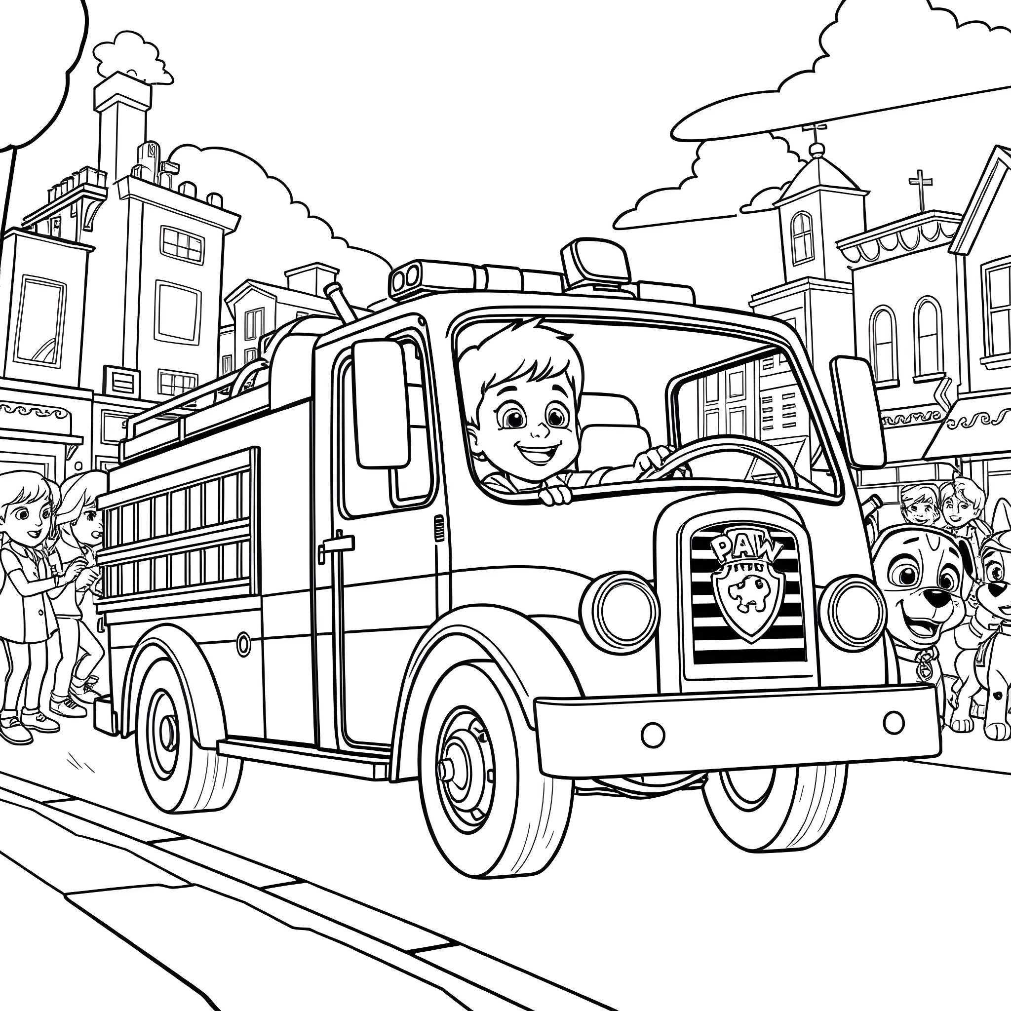 Firetruck responding to emergency with children nearby Coloring Page (free black-and-white line drawing printable PDF for all, from beginners to advanced learners, including children, teens, adults, and seniors)