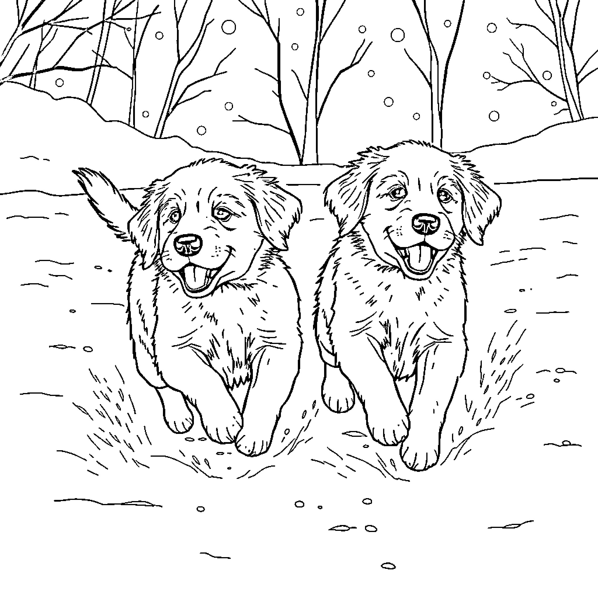 Golden Retriever puppies playing in the snow Coloring Page (free black-and-white line drawing printable PDF for all, from beginners to advanced learners, including children, teens, adults, and seniors)