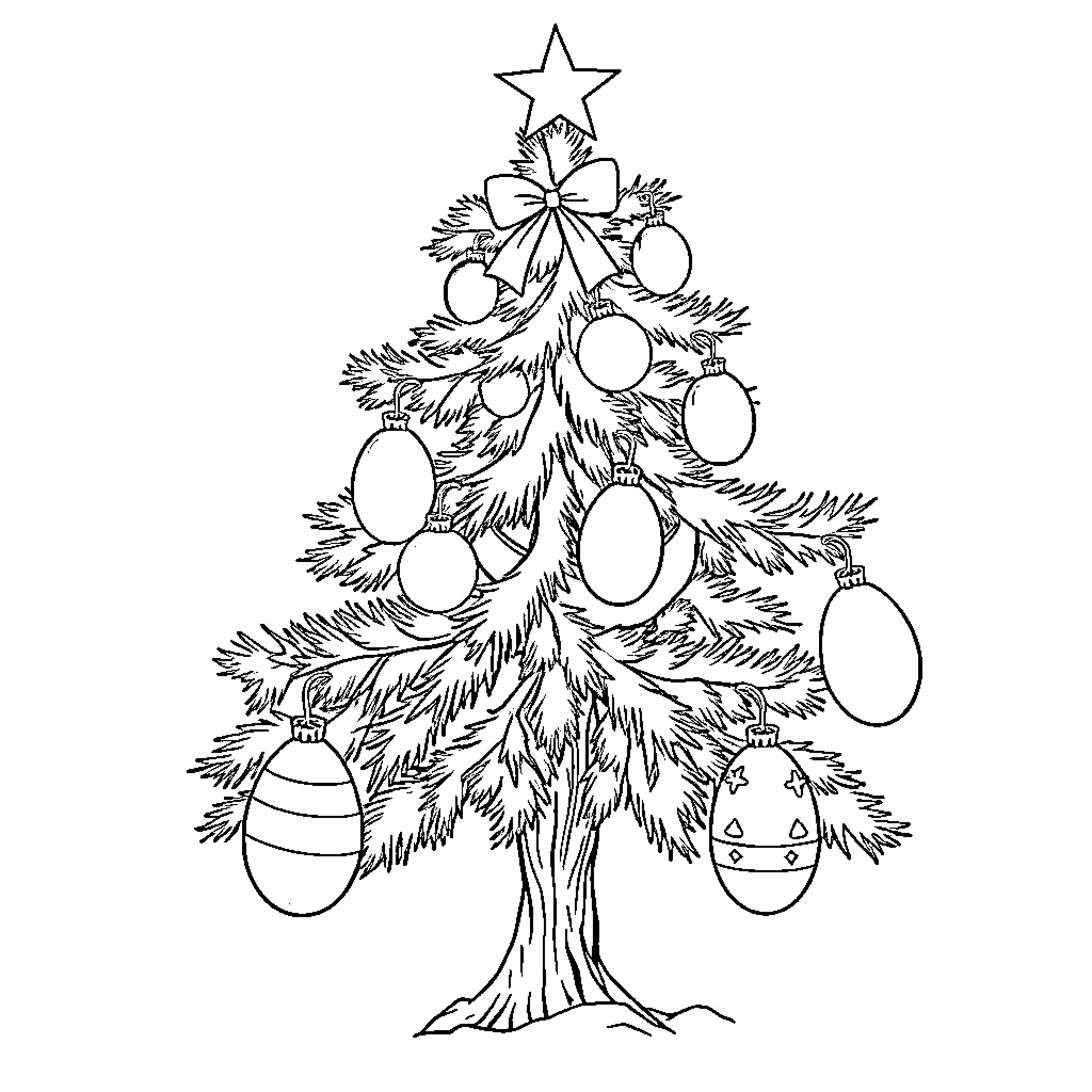 Christmas Tree with Ornaments and Star Coloring Page (free black-and-white line drawing printable PDF for all, from beginners to advanced learners, including children, teens, adults, and seniors)