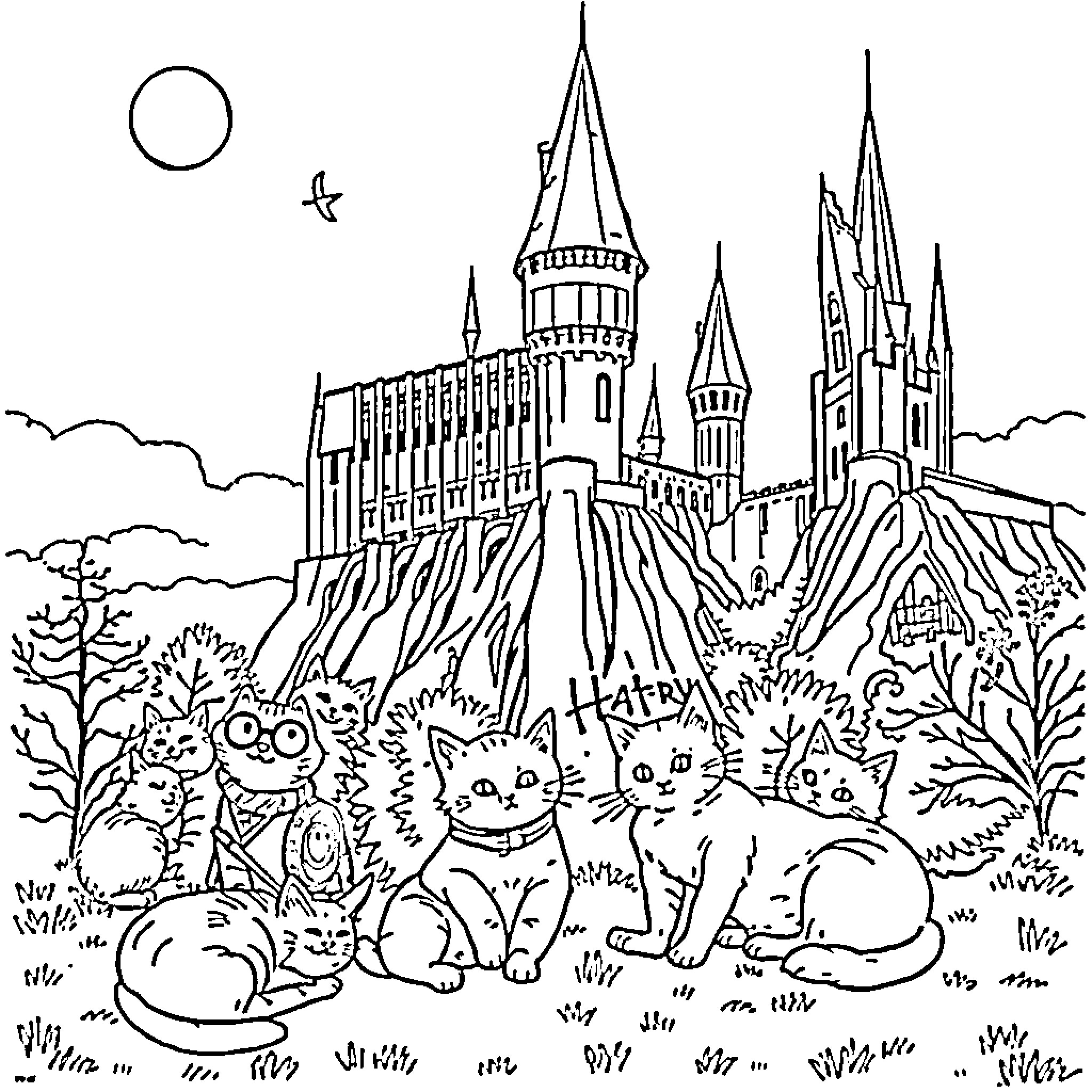 Cats exploring the magical castle grounds Coloring Page (free black-and-white line drawing printable PDF for all, from beginners to advanced learners, including children, teens, adults, and seniors)