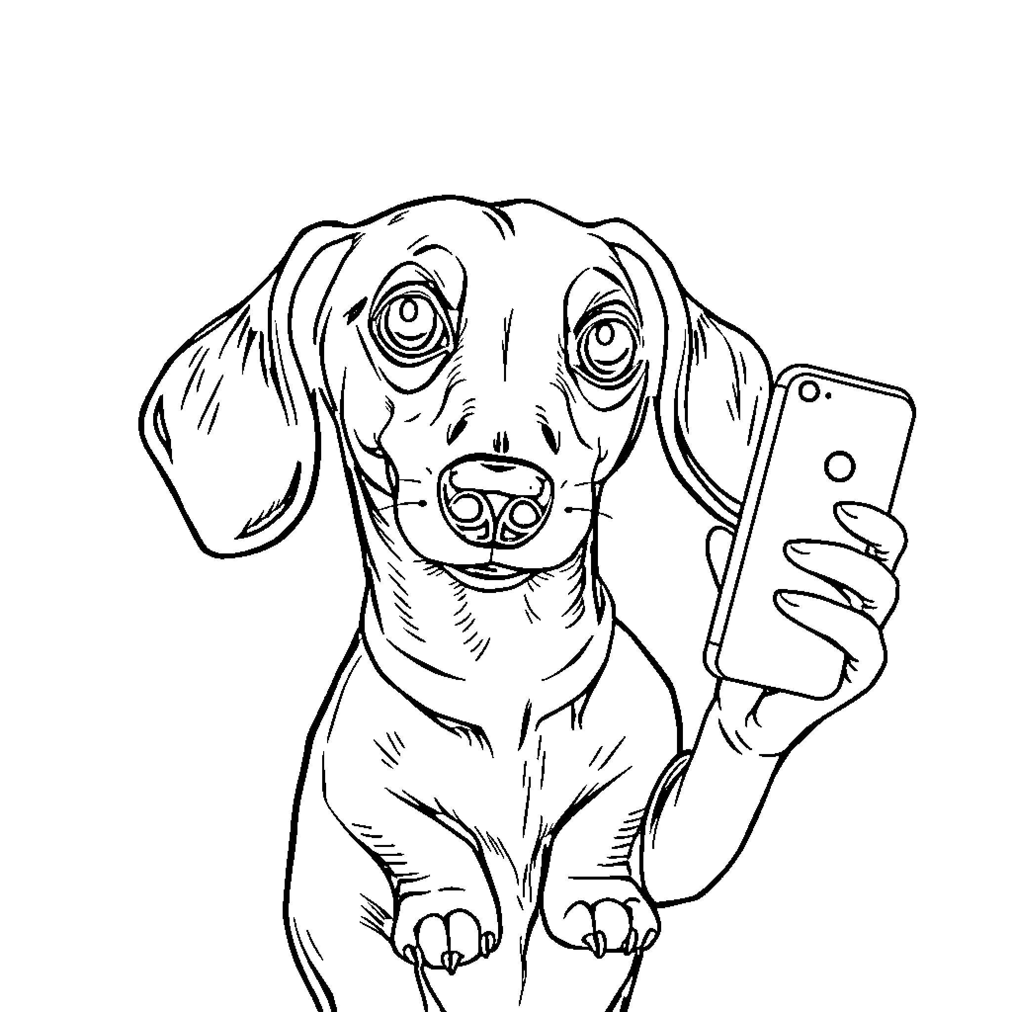 Dachshund taking a selfie Coloring Page (free black-and-white line drawing printable PDF for all, from beginners to advanced learners, including children, teens, adults, and seniors)