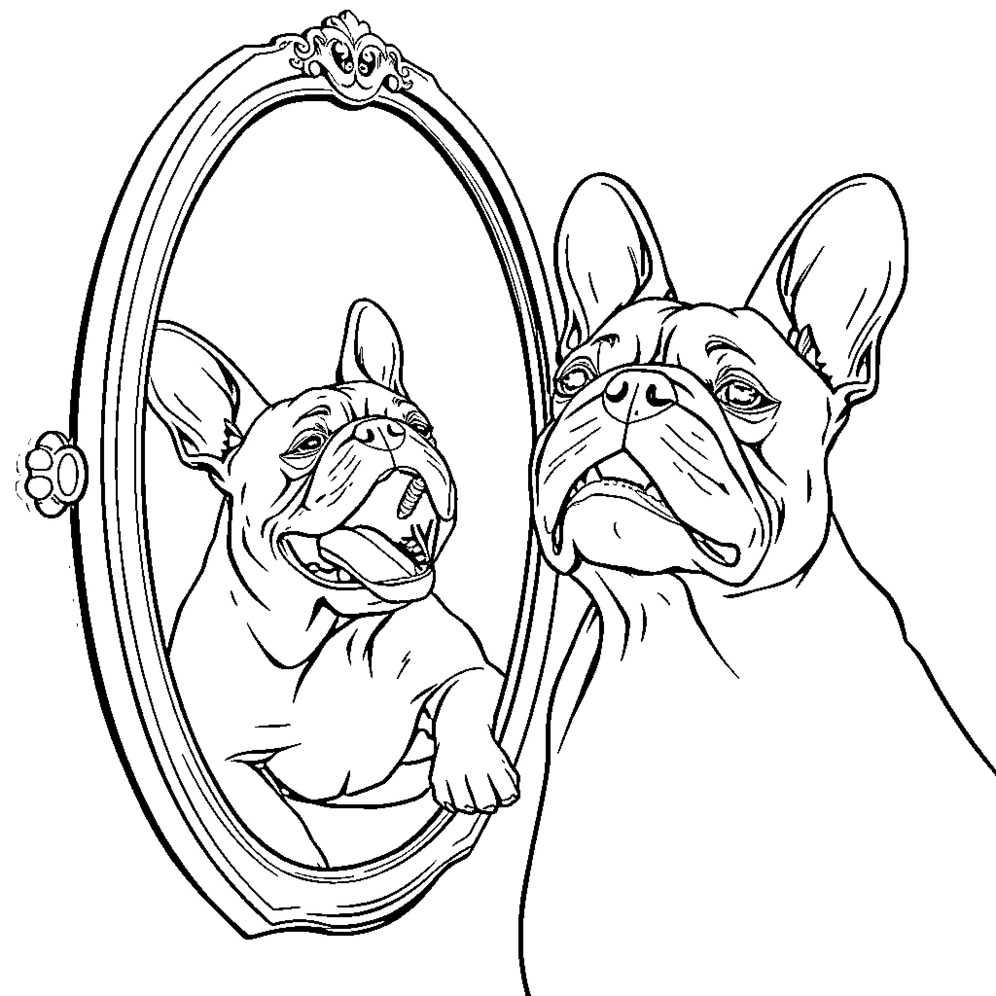 Frenchie looking at itself in the mirror Coloring Page (free black-and-white line drawing printable PDF for all, from beginners to advanced learners, including children, teens, adults, and seniors)