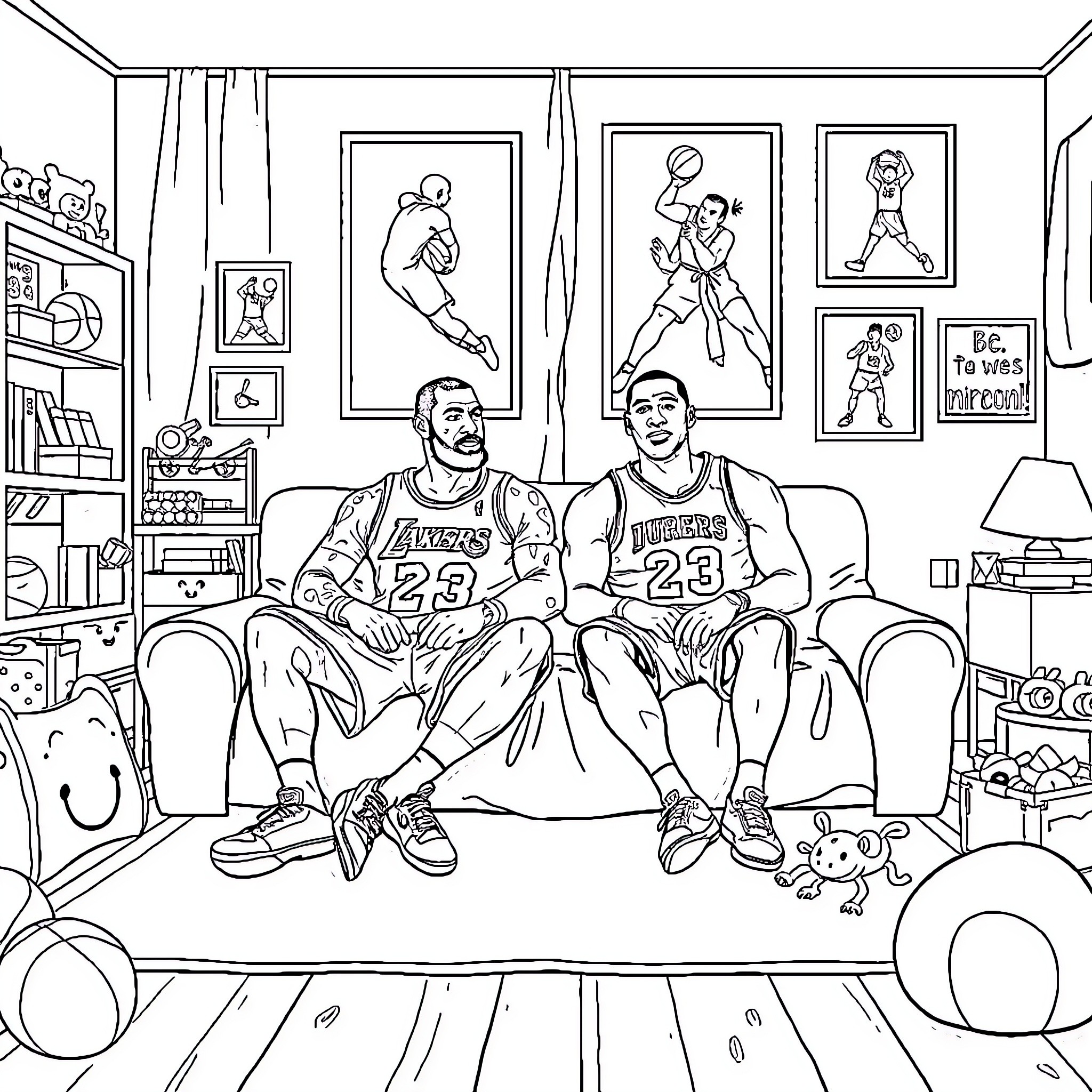 LeBron James and Teammate Relaxing in the Living Room Coloring Page (free black-and-white line drawing printable PDF for all, from beginners to advanced learners, including children, teens, adults, and seniors)