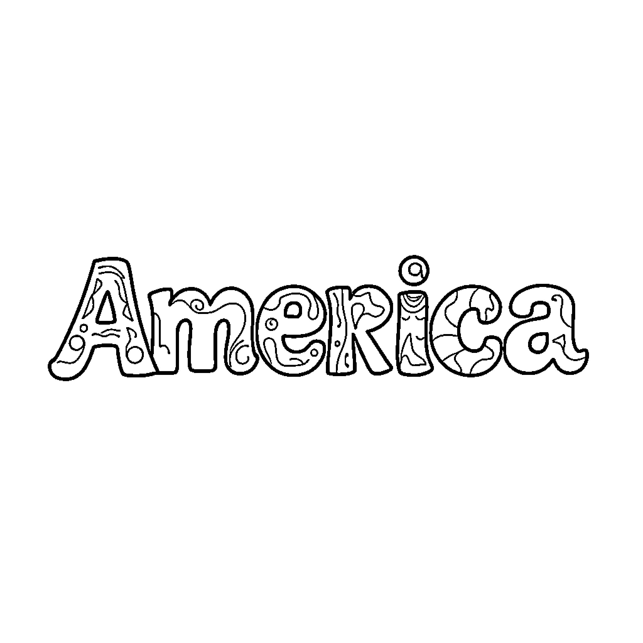 America's Whimsical Lettering Design Coloring Page (free black-and-white line drawing printable PDF for all, from beginners to advanced learners, including children, teens, adults, and seniors)